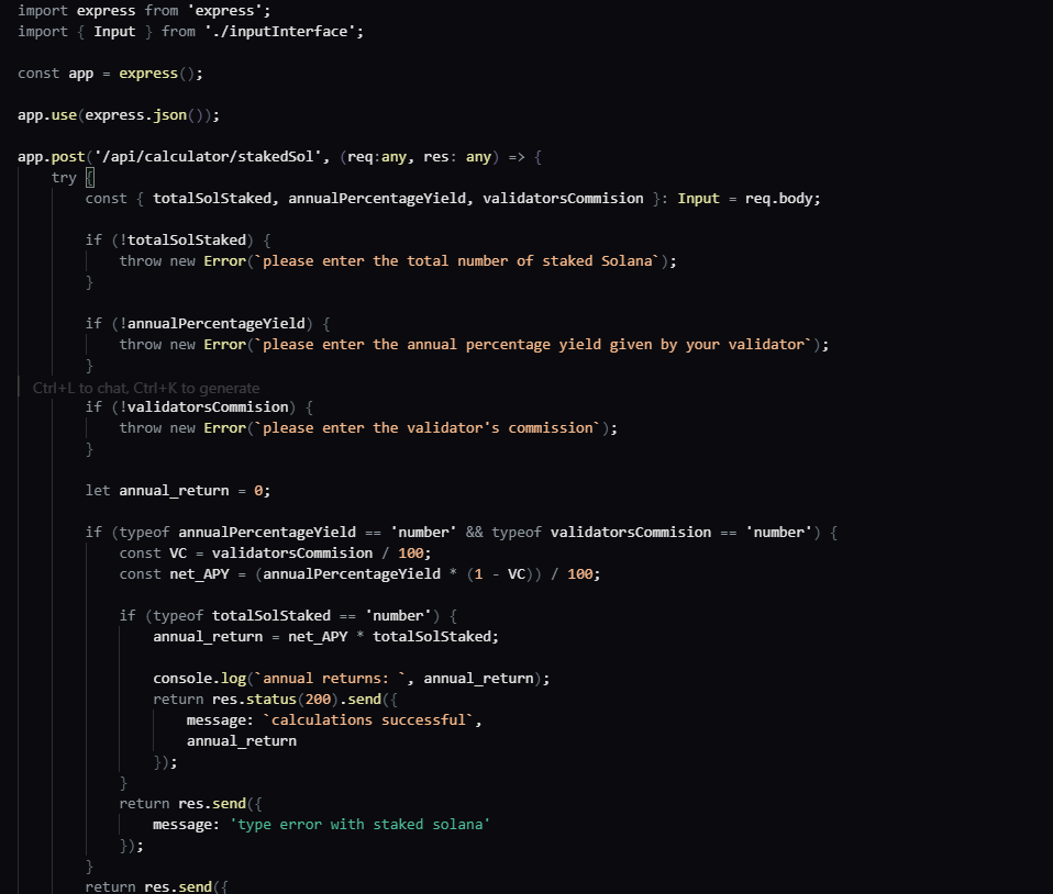 SegFault_Dev's tweet image. Just built a backend API for a Solana staking calculator in Node.js + Express!

It calculates the net annual returns after fees.

Pretty handy if you want to see exactly how much your SOL staking could earn.
#Solana #Web3 #Blockchain #nodeJS