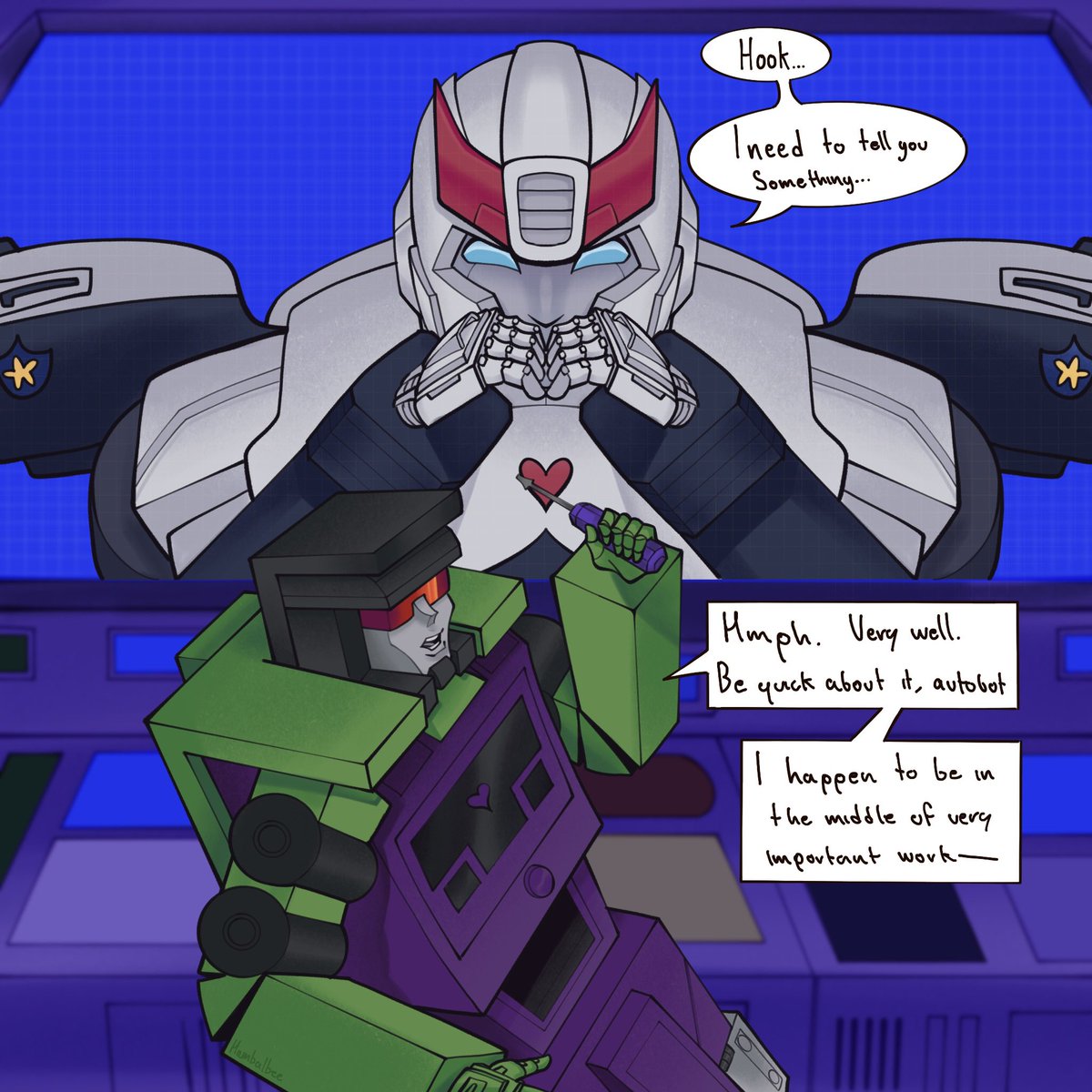 Hambalbee's tweet image. CW: Pregnancy mention

Prowl has something awkward he needs to share with the constructicons….

#Constructiprowl