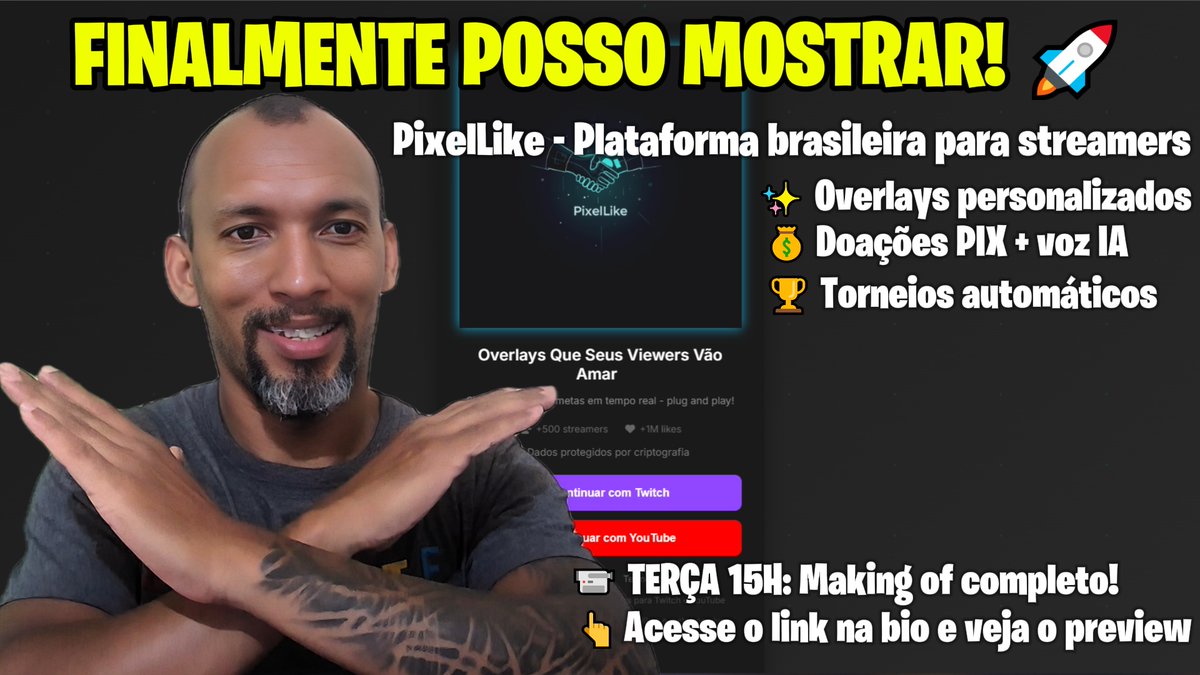 BobJow_'s tweet photo. FINALMENTE POSSO MOSTRAR! 🚀

PixelLike - PRIMEIRA plataforma 100% brasileira para streamers! 🇧🇷

✨ Overlays personalizados
💰 PIX + voz IA  
🏆 Torneios automáticos

🎬 TERÇA 15H: Making of!
📺 https://t.co/xMd3qaubZQ 
🔗 https://t.co/1V5L7E2pRR

#PixelLike #StreamingBrasil https://t.co/EzUSS2bv0I