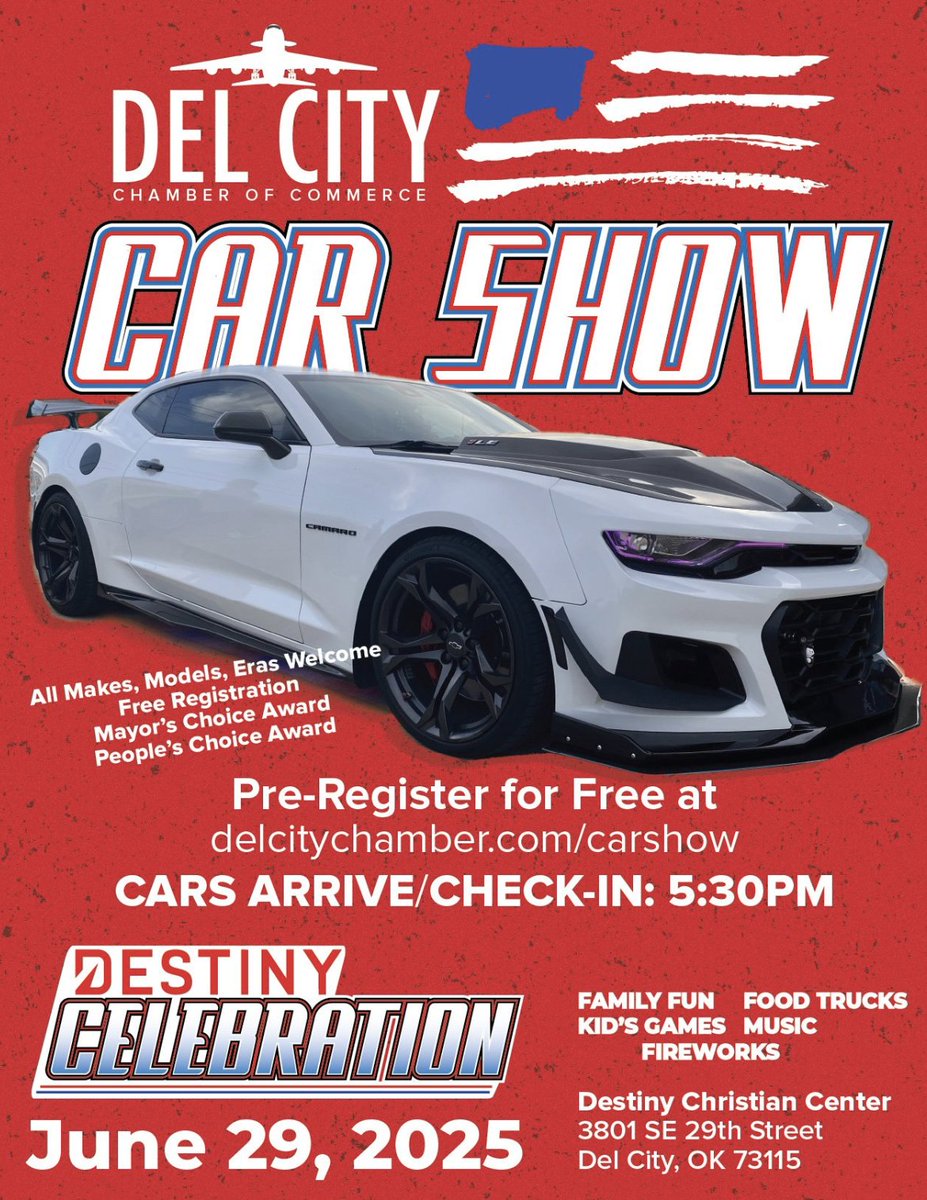 Still looking for more fun after the Tinker Air Show?

Head over to the Destiny Celebration! There’ll be a car show brought to you by the Del City Chamber of Commerce, food trucks, games, and a FIREWORKS display to light up the night! 

delcitychamber.com/carshow