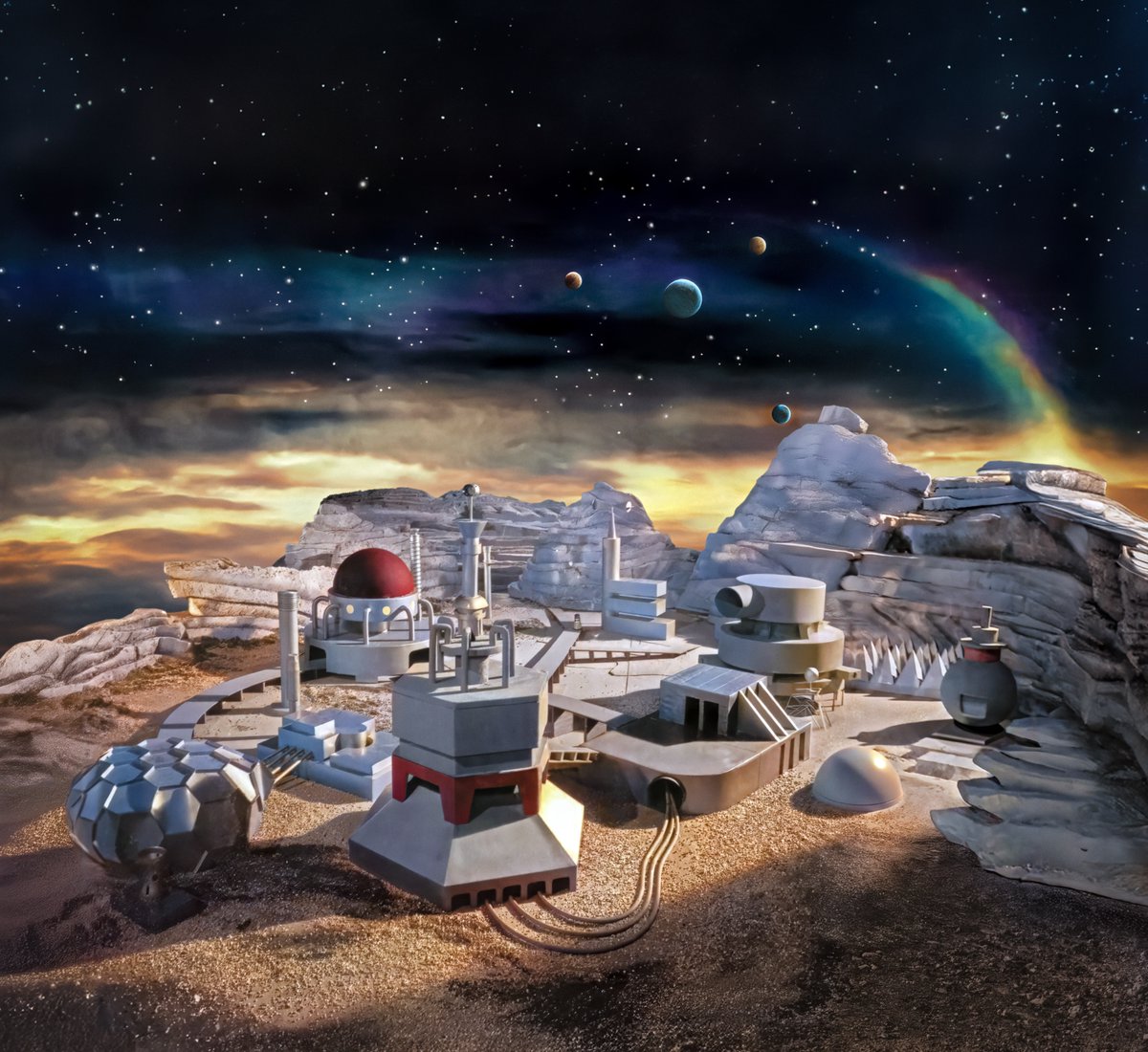 claytonhickman's tweet image. Hello. It’s been a while. How have you been?
Here’s some colourised/restored/expanded/tarted-up *places* from 1960s #DoctorWho.
We’ve got:
Dalek city model from ‘Evil’
Tombstone set from ‘Gunfighters’
Paleolithic plain set from ‘AUC’
Sensorite city painted backdrop
Enjoy!