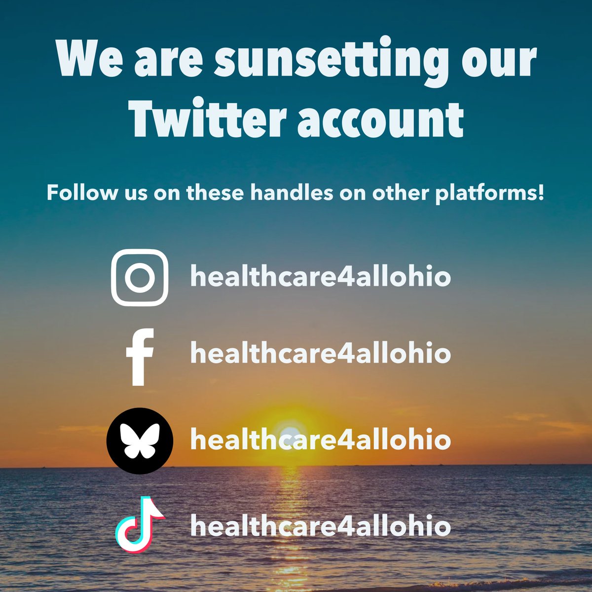 Healthcare for All Ohioans will be leaving Twitter/X. We will continue to be active on our other accounts on Instagram, Facebook, Bluesky, and Tiktok. Make sure to follow us on these other platforms! #healthcareforallohioans #healthcareforall #ohiohealthcare #universalhealthcare