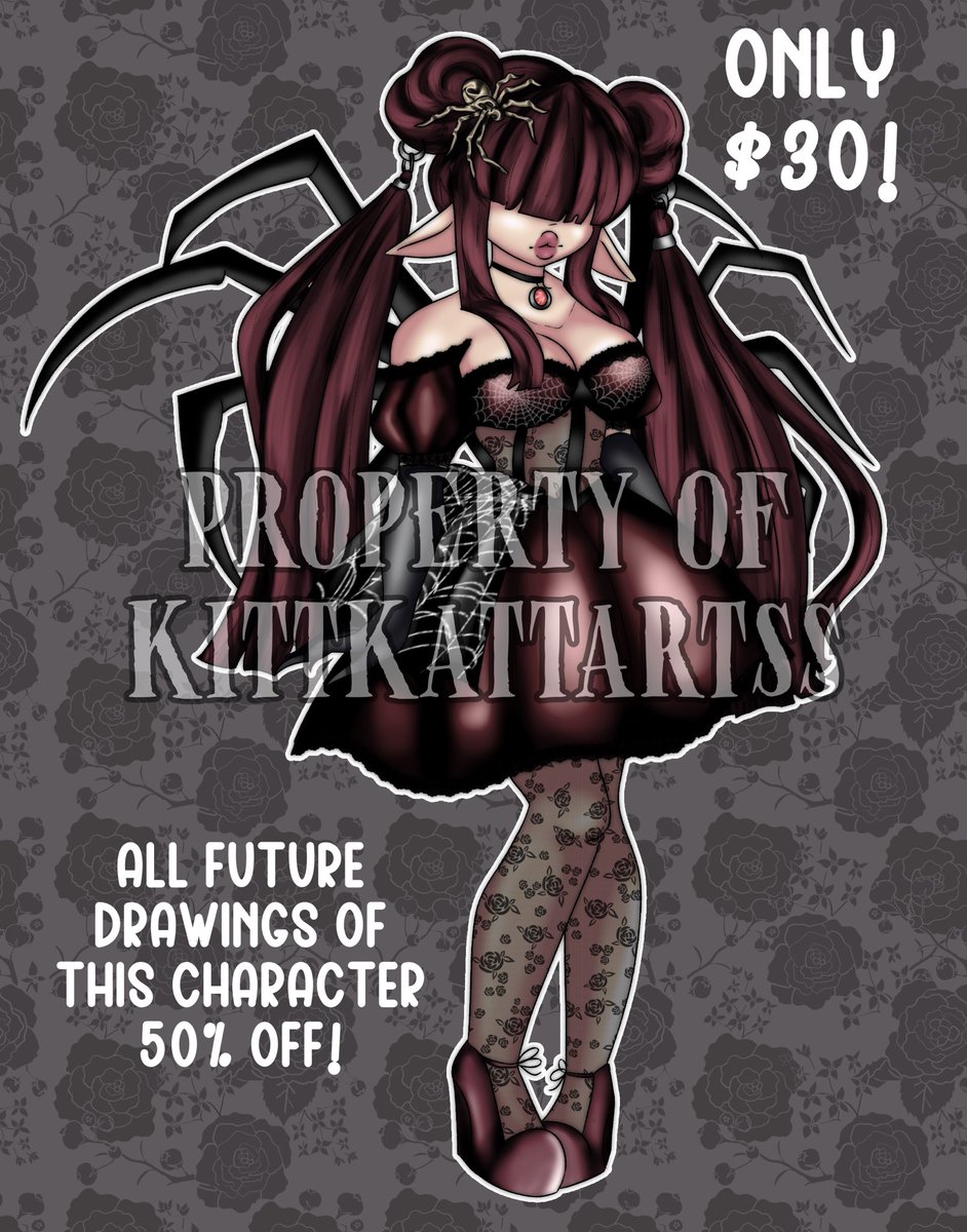 KittKattArtss's tweet photo. New adoptable!
Cute spider elf girl only $30
All future commissions of this character are 50% off 🩷
You can buy her from my kofi page or message me privately!
⬇️
https://t.co/Pv1t0Rgm1d
#adoptable #forsale #art #oc #ocart #spider #elfgirl #gothicoc #fyp #foryou #digitalart https://t.co/HNoPgI0lr8