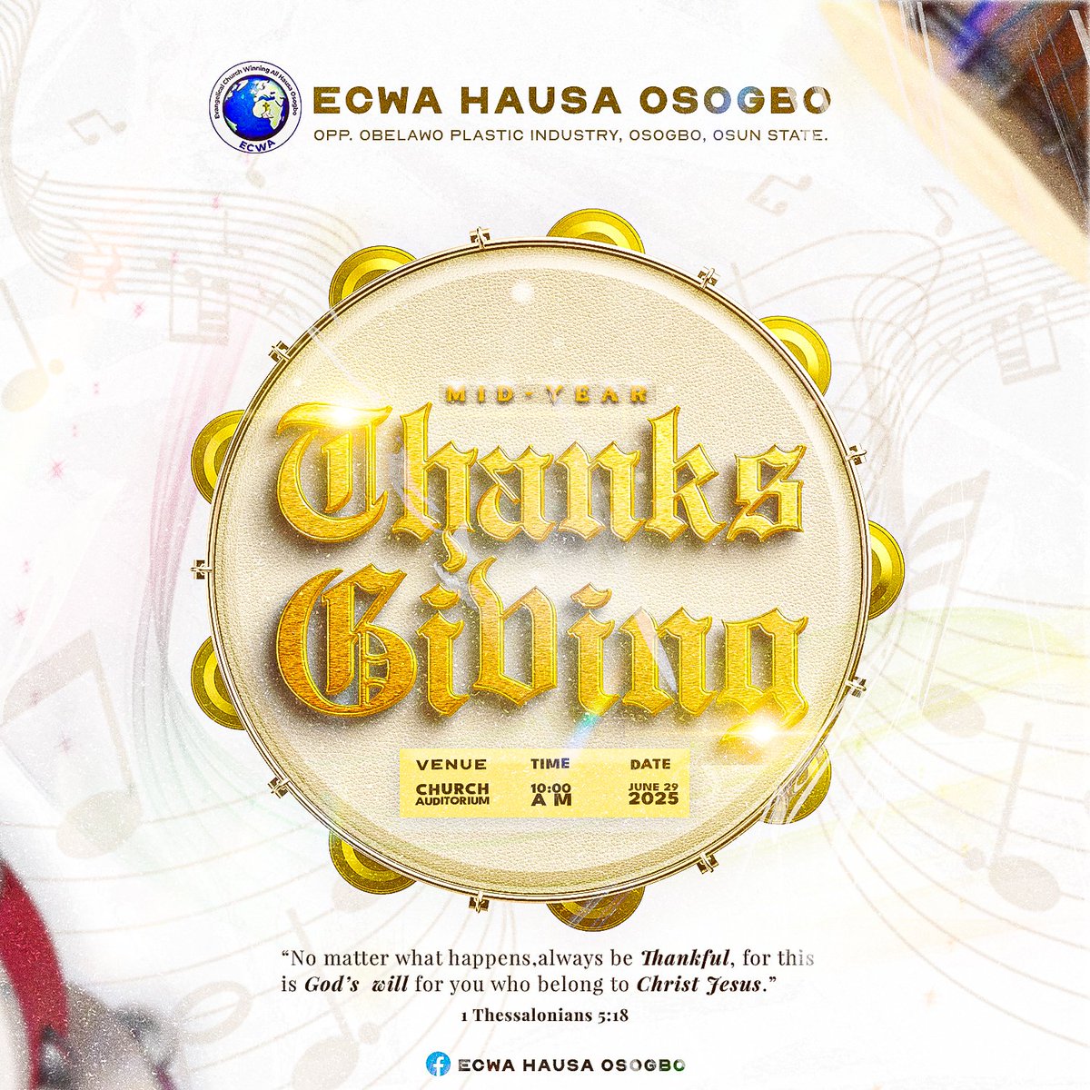 fusiondcreative's tweet image. Designed for ECWA’s Mid-Year Thanksgiving, this piece brings together tambourines, drums, and music notes — all symbolizing praise.

Grounded in scripture, refined in color and type, this was a purpose-driven project I’m proud of.

#ChurchFlyer #FaithInDesign #ThanksgivingDesign