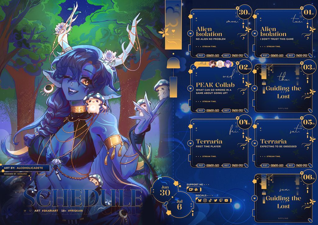 This week I want to push further into Alien Isolation and try out Terraria!! We've also got a PEAK collab on Wednesday; tune in for my world-renowned talent of defying gravity.

Since Wed is normally my off-day, I'll be off on Thurs, instead! 💙 Let's have a great week!!