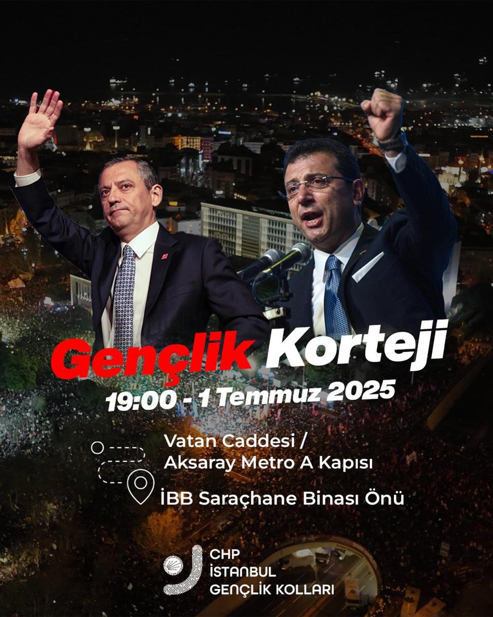 Saraçhane gençliği, adaleti, bizi çağırıyor!

19 Mart darbesinin 100. gününde, yeniden milletin evi Saraçhane’de buluşuyoruz. Cumhurbaşkanı Adayımız Ekrem İmamoğlu, belediye başkanlarımız ve tüm yol arkadaşlarımız için mücadelemizin sembol meydanına geri dönüyoruz.

Saat 19.00’da