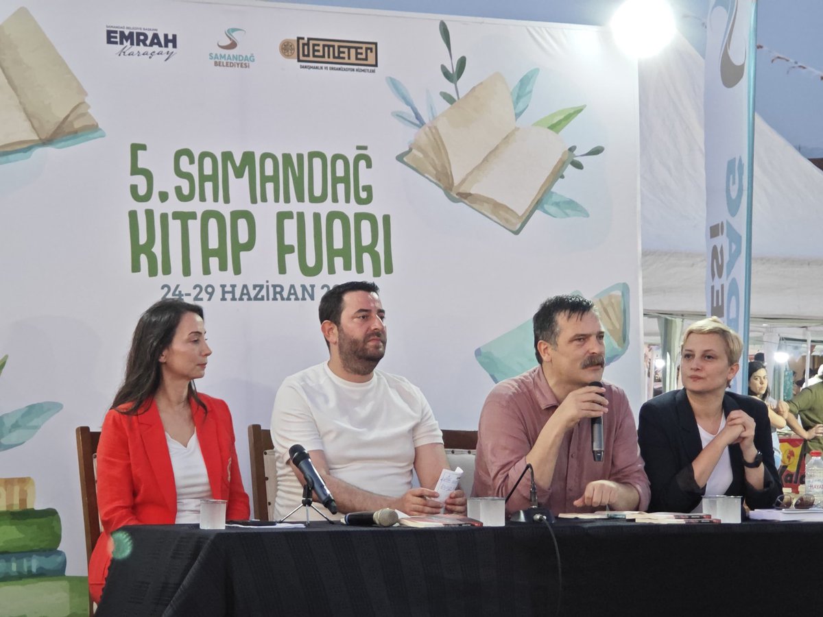 EmrahKaracaytip's tweet photo. Değerli konuklarımız Türkiye İşçi Partisi Genel Başkanı Erkan Baş, Dem Parti Eş Genel Başkanı Tülay Hatimoğulları Oruç, Dem Parti Mersin Mv. ve Toplumsal Özgürlük Partisi Sözcüler Kurulu Üyesi Perihan Koca ile birlikte Kitap Fuarımız kapsamında son panelimizi gerçekleştirdik. https://t.co/kJrXwA9Csn