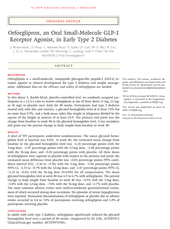 Phase 3 glycated hemoglobin data for #orforglipron, a small-molecule, nonpeptide GLP-1 receptor agonist in clinical development for type 2 diabetes and weight management.
nejm.org/doi/full/10.10…