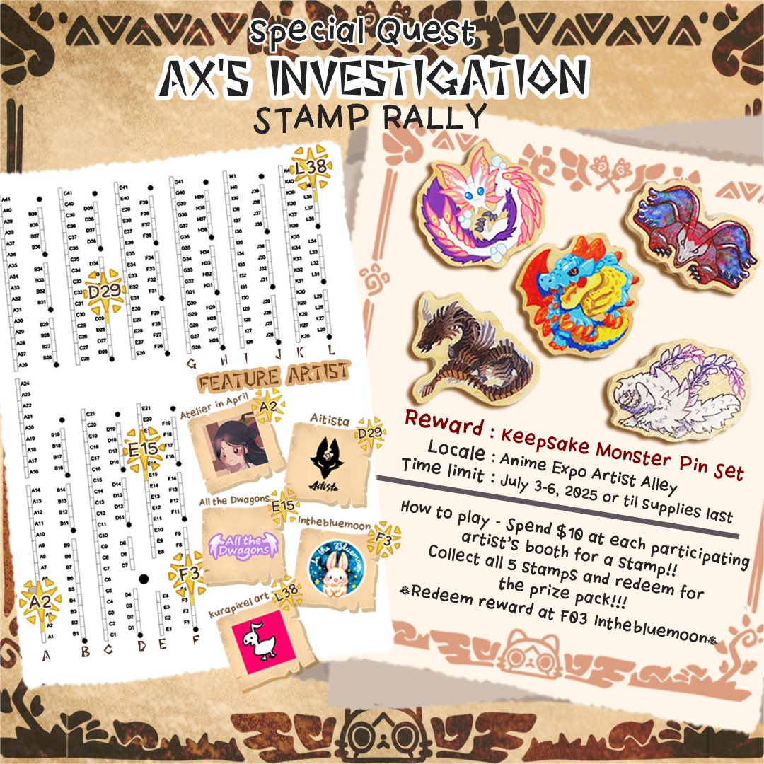AlltheDwagons's tweet photo. Calling all Hunters at AX, get excited for the Monster Hunter Stamp Rally!
Each prize pack includes five wooden pins of monsties in Wilds!

@atelierinapril A2
@Aitistaart D29
@AlltheDwagons E15
@inthebluemoon F3
@kurapixel_art L38

#axartistalley2025 #ax2025artistalley #mhwilds https://t.co/80pHK9O2ci