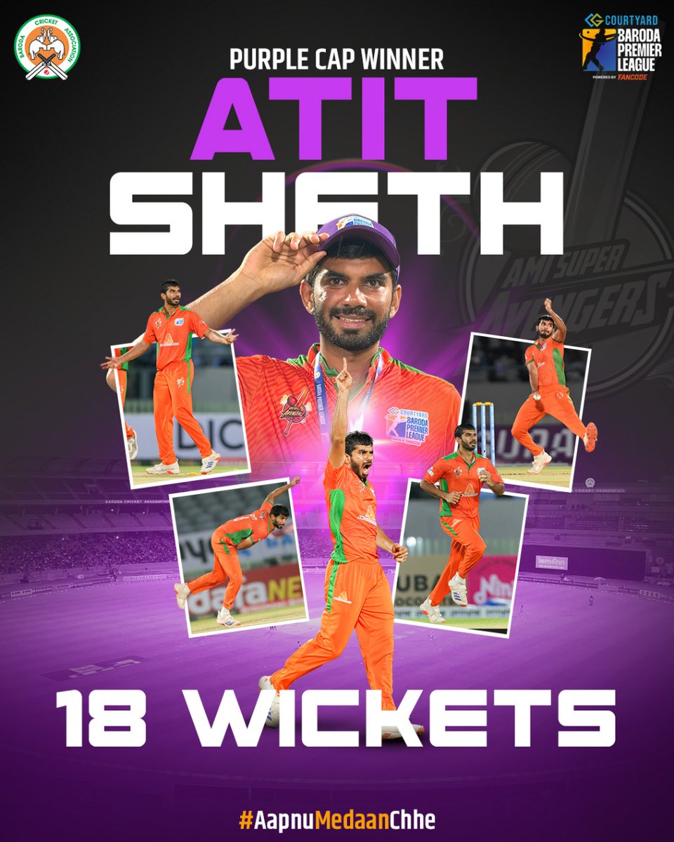 barodat20's tweet photo. It’s Atit Sheth AGAIN who receives the Purple Cap award!🥳

A wonderful season with the ball, bagging 1️⃣8️⃣ scalps from 1️⃣1️⃣ matches!🫡

#AapnuMedaanChhe #BPL2025 https://t.co/MuLFM1zG4F