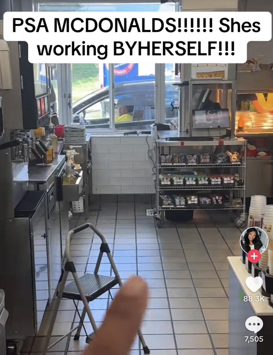 Viral TikTok video captures a concerning moment at a McDonald’s on 7505 John W. Carpenter Freeway, Irving, TX, where a single employee is seen running the kitchen and drive-thru entirely by herself.