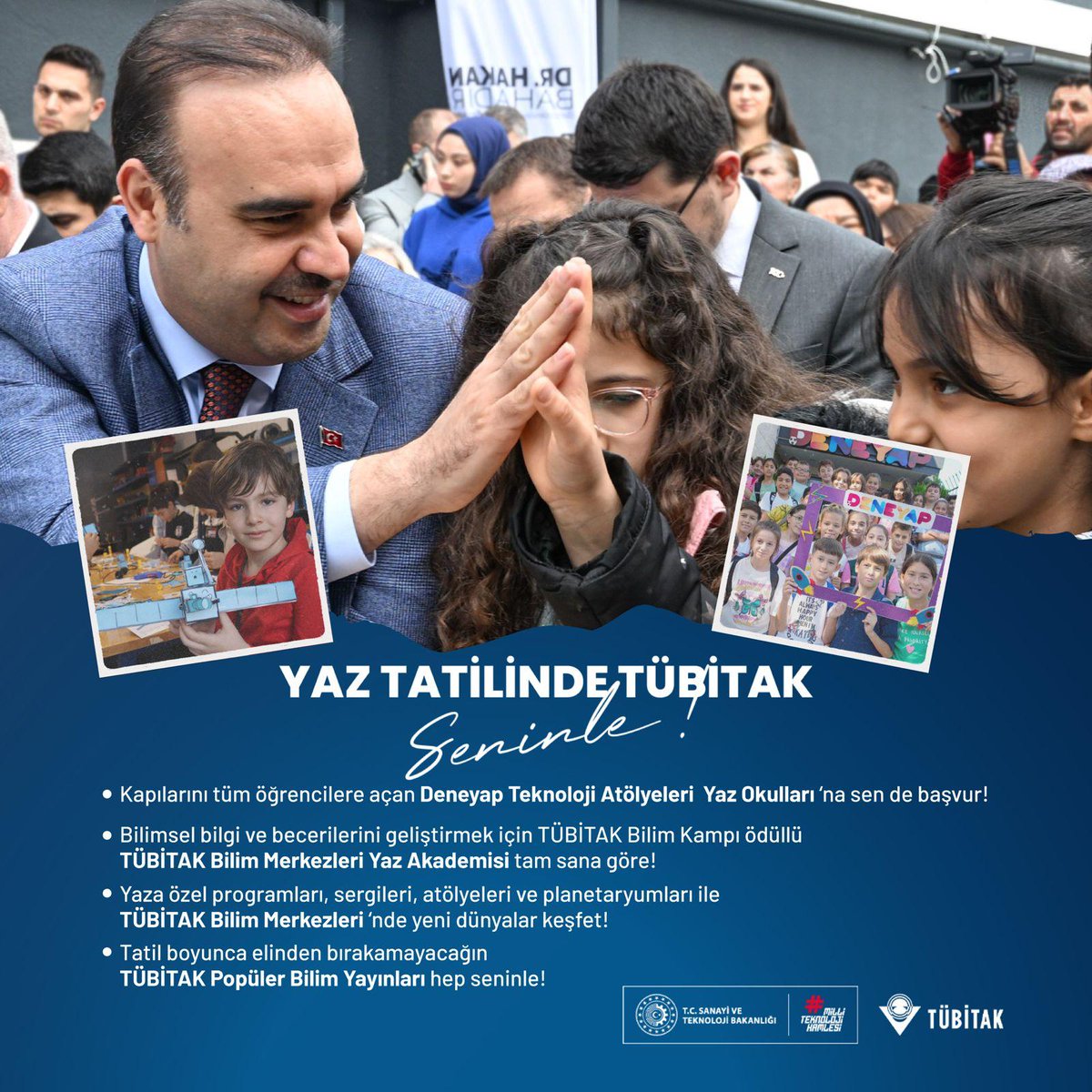 Tubitak's tweet photo. ☀️⛱️🔬🔭 Bilim ve Teknoloji ile Dolu Bir Yaz Seni Bekliyor!

2025 yazında da ortaokul ve lise öğrencilerimizi bilim ve teknoloji ile buluşturmaya devam ediyoruz.

TÜBİTAK olarak sunduğumuz, DENEYAP Yaz Okulu ve Bilim Merkezleri Yaz Akademileri ile öğrencilerimiz eğlenerek öğrenmeye devam edecekler.

🧪Kimya
🔬Biyoloji
🌍Fizik
🧮Matematik 

alanlarında, TÜBİTAK destekli bilim merkezlerimizle öğrencilerimizle Yaz Akademileri programlarımızda buluşacağız.

Teknoloji ile iç içe bir yaz geçirmek isteyen öğrencilerimiz de @DeneyapTurkiye Yaz Okulu programı kapsamında, tasarım ve üretim ile robotik ve kodlama alanlarında uygulamalı eğitim alabilecekler.

Ayrıca ülkemizin dört bir yanında faaliyet gösteren bilim merkezlerimizin etkinlikleri ve atölyeleri ile beraber TÜBİTAK Popüler Bilim Yayınlarımızla öğrencilerimizin bilime ve teknolojiye olan heyecanlarını paylaşmaya devam edeceğiz.

Detaylar: https://t.co/L97nEGsYOX

@bilimletoplum 
@BilimTubitak