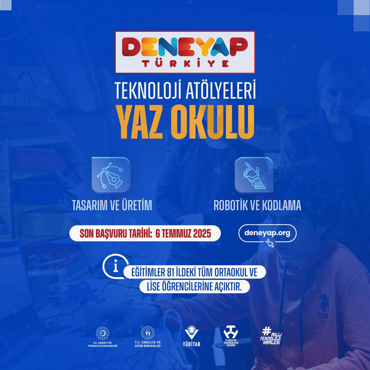 Tubitak's tweet photo. ☀️⛱️🔬🔭 Bilim ve Teknoloji ile Dolu Bir Yaz Seni Bekliyor!

2025 yazında da ortaokul ve lise öğrencilerimizi bilim ve teknoloji ile buluşturmaya devam ediyoruz.

TÜBİTAK olarak sunduğumuz, DENEYAP Yaz Okulu ve Bilim Merkezleri Yaz Akademileri ile öğrencilerimiz eğlenerek öğrenmeye devam edecekler.

🧪Kimya
🔬Biyoloji
🌍Fizik
🧮Matematik 

alanlarında, TÜBİTAK destekli bilim merkezlerimizle öğrencilerimizle Yaz Akademileri programlarımızda buluşacağız.

Teknoloji ile iç içe bir yaz geçirmek isteyen öğrencilerimiz de @DeneyapTurkiye Yaz Okulu programı kapsamında, tasarım ve üretim ile robotik ve kodlama alanlarında uygulamalı eğitim alabilecekler.

Ayrıca ülkemizin dört bir yanında faaliyet gösteren bilim merkezlerimizin etkinlikleri ve atölyeleri ile beraber TÜBİTAK Popüler Bilim Yayınlarımızla öğrencilerimizin bilime ve teknolojiye olan heyecanlarını paylaşmaya devam edeceğiz.

Detaylar: https://t.co/L97nEGsYOX

@bilimletoplum 
@BilimTubitak
