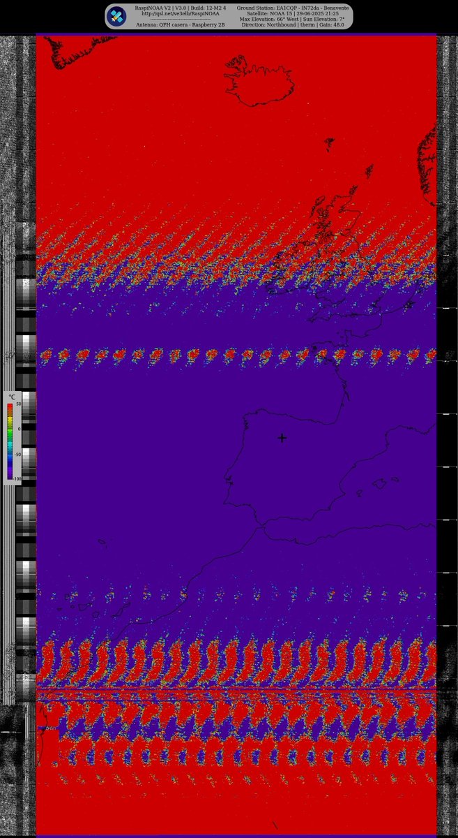 Ground Station: EA1CQP - IN72da - Benavente NOAA 15 29-06-2025 21:09 CEST  Max Elev: 66° W Sun Elevation: 7° Gain: 48.0 | Northbound

#NOAA #MeteorM2_3 #MeteorM2_4 #weather #weathersats #APT #LRPT #wxtoimg #MeteorDemod #rtlsdr #gpredict #raspberrypi
