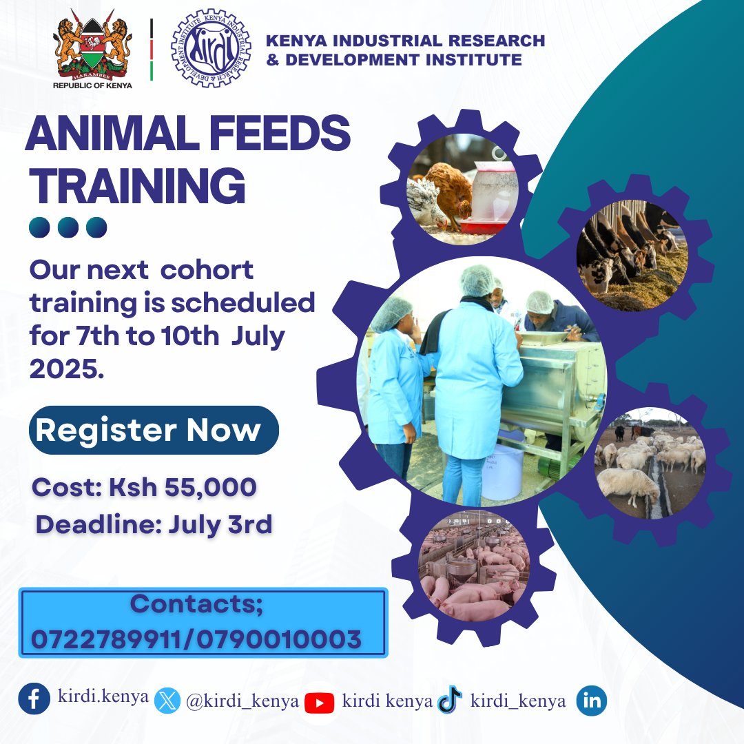 KIRDI Kenya (@kirdi_kenya) on Twitter photo Master animal feed production with <a href="/kirdi_kenya/">KIRDI Kenya</a>!
🔹 Training: 7th-10th July 2025
🔹 Fee: Ksh 55,000
🔹 Deadline: 3rd July
📞 0722789911/0790010003
Register now & elevate your agri-skills! #LivestockNutrition Master animal feed production with <a href="/kirdi_kenya/">KIRDI Kenya</a>!
🔹 Training: 7th-10th July 2025
🔹 Fee: Ksh 55,000
🔹 Deadline: 3rd July
📞 0722789911/0790010003
Register now & elevate your agri-skills! #LivestockNutrition