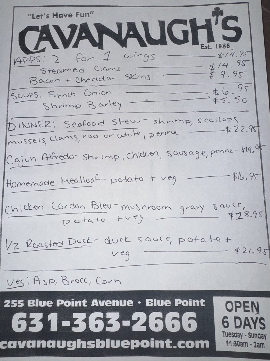 CavanaughsPub's tweet photo. Sunday Always 2 for 1 Wings &amp; Tonight’s Dinner Specials. Kitchen Serving Dinner, Appetizers &amp; To Go’s Till 9:30pm. #cavanaughs #bluepoint #bayport #steaks #burgers #wings #beerofthemonth #Nutrl https://t.co/wUky2iP9ba