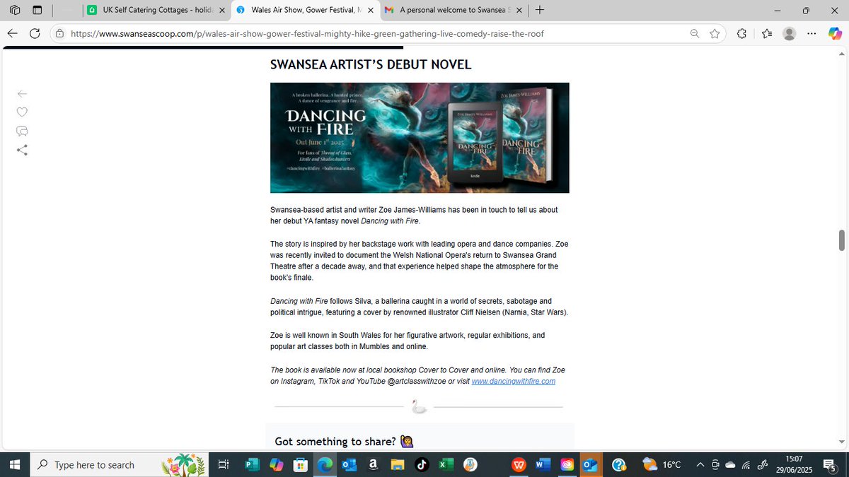 ZoeArtist's tweet photo. Grateful for the lovely feature! 💫
Thanks @swanseascoop for the write-up on Dancing With Fire!
So happy to be part of Swansea’s creative scene. 🩰🔥
Read it at https://t.co/sQW3nrmkUq
Book link in bio!
#DancingWithFire #YAFantasy #IndieAuthor #SwanseaArtist https://t.co/Re9QJWNhmt