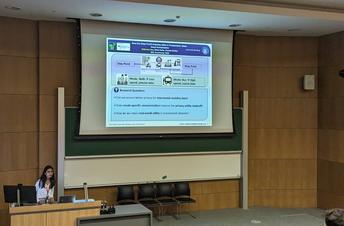 das_jee's tweet photo. Happy to present the poster, “Does One Noise Fit All?Analyzing Utility in Transportation Mode-Based Anonymization” at #SmartComp2025! Explored privacy-utility tradeoffs in mobility data across transport modes. Thanks to co-authors Rahat Rafiq and Daniela Nicklas for the support! https://t.co/Cr3bDJRSDo