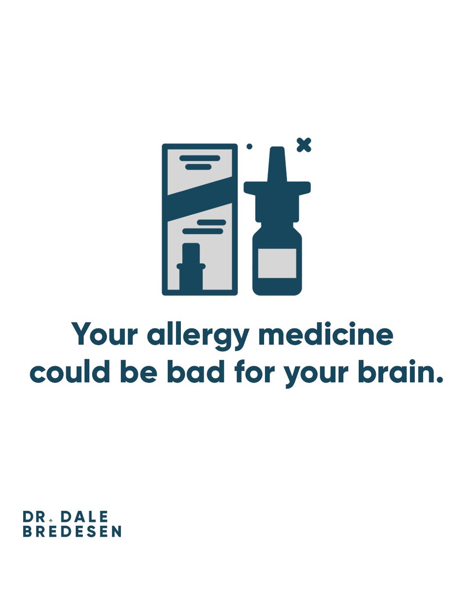 DrDaleBredesen's tweet photo. Anticholinergic medications correlate with increased dementia risk. This includes drugs like Benadryl and Advil PM. Newer drugs like Claritin and Zyrtec, which don’t cross the blood-brain barrier as much, are likely better. https://t.co/VoARonS4fo https://t.co/RvCQJ71tHb