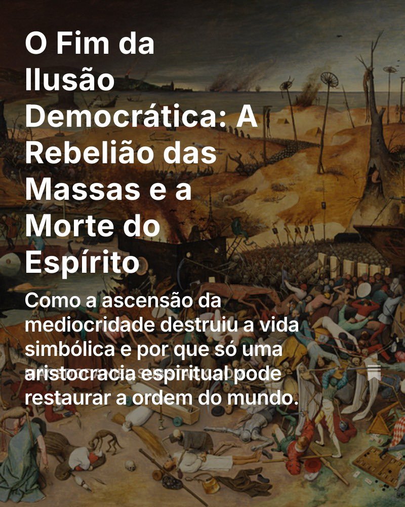 MacedoDaniel_'s tweet image. Talvez este seja o ensaio mais importante que já publiquei no Substack.
Ortega, Voegelin, Eliade e Agostinho estão todos aqui, convocados para um mesmo diagnóstico: a democracia virou religião, a cultura afundou na mediocridade e perdemos o eixo simbólico do mundo.
Link na bio