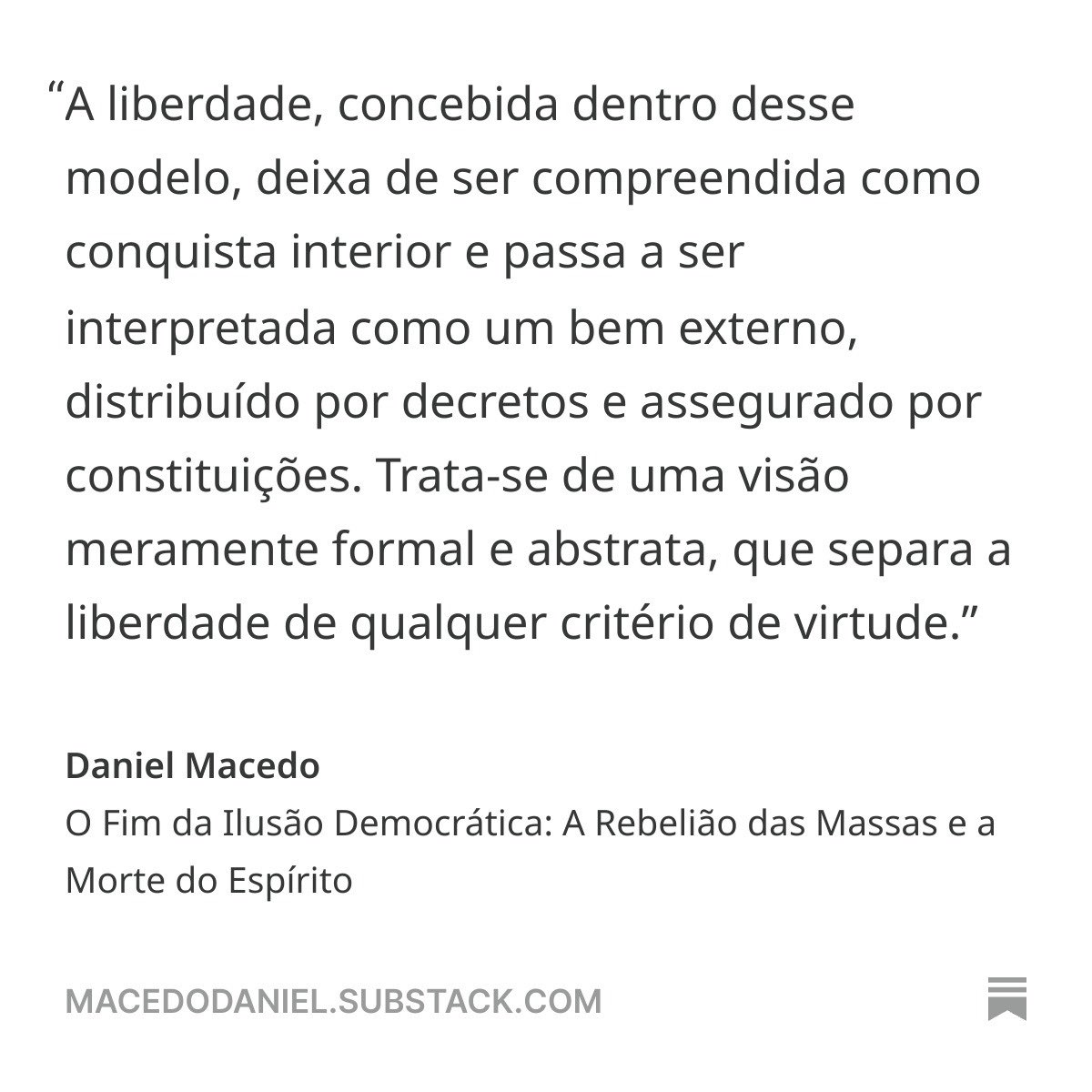 MacedoDaniel_'s tweet image. Talvez este seja o ensaio mais importante que já publiquei no Substack.
Ortega, Voegelin, Eliade e Agostinho estão todos aqui, convocados para um mesmo diagnóstico: a democracia virou religião, a cultura afundou na mediocridade e perdemos o eixo simbólico do mundo.
Link na bio