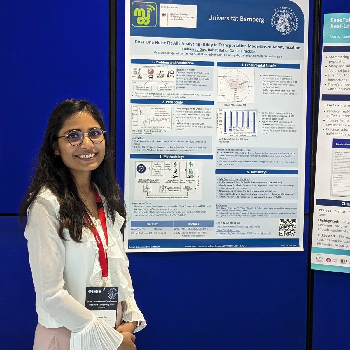 das_jee's tweet photo. Happy to present the poster, “Does One Noise Fit All?Analyzing Utility in Transportation Mode-Based Anonymization” at #SmartComp2025! Explored privacy-utility tradeoffs in mobility data across transport modes. Thanks to co-authors Rahat Rafiq and Daniela Nicklas for the support! https://t.co/Cr3bDJRSDo