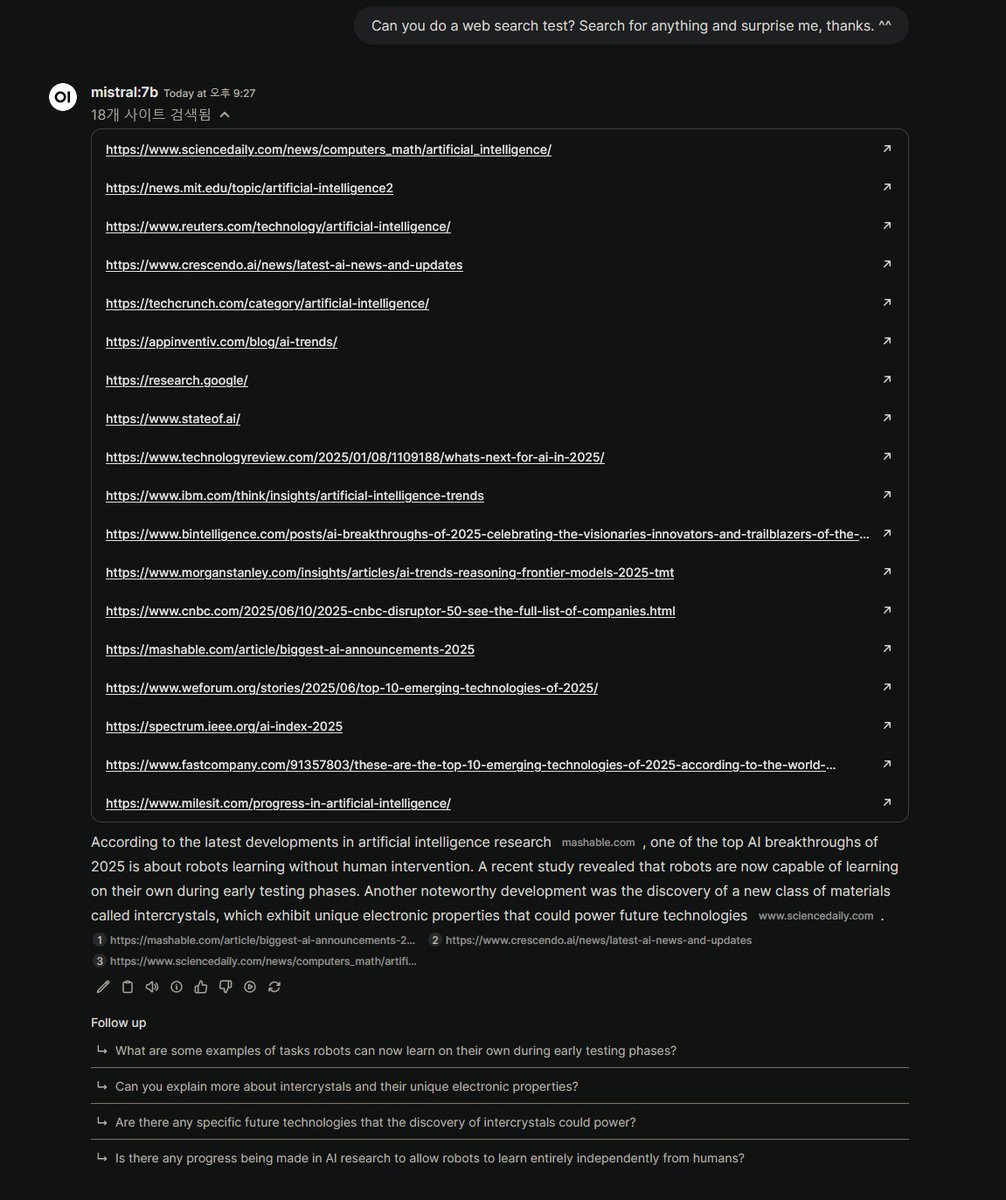 SweetLilyCake's tweet image. Got local LLMs going with web search over my own search aggregator #SearXNG #OpenWebUI 
Feels good ~ 
Now to figure out local Video/Image genning and ComfyUI and Local Deep Research-type stuff.
(And how to stop BSODing when maxing out VRAM, thanks NVDA..)