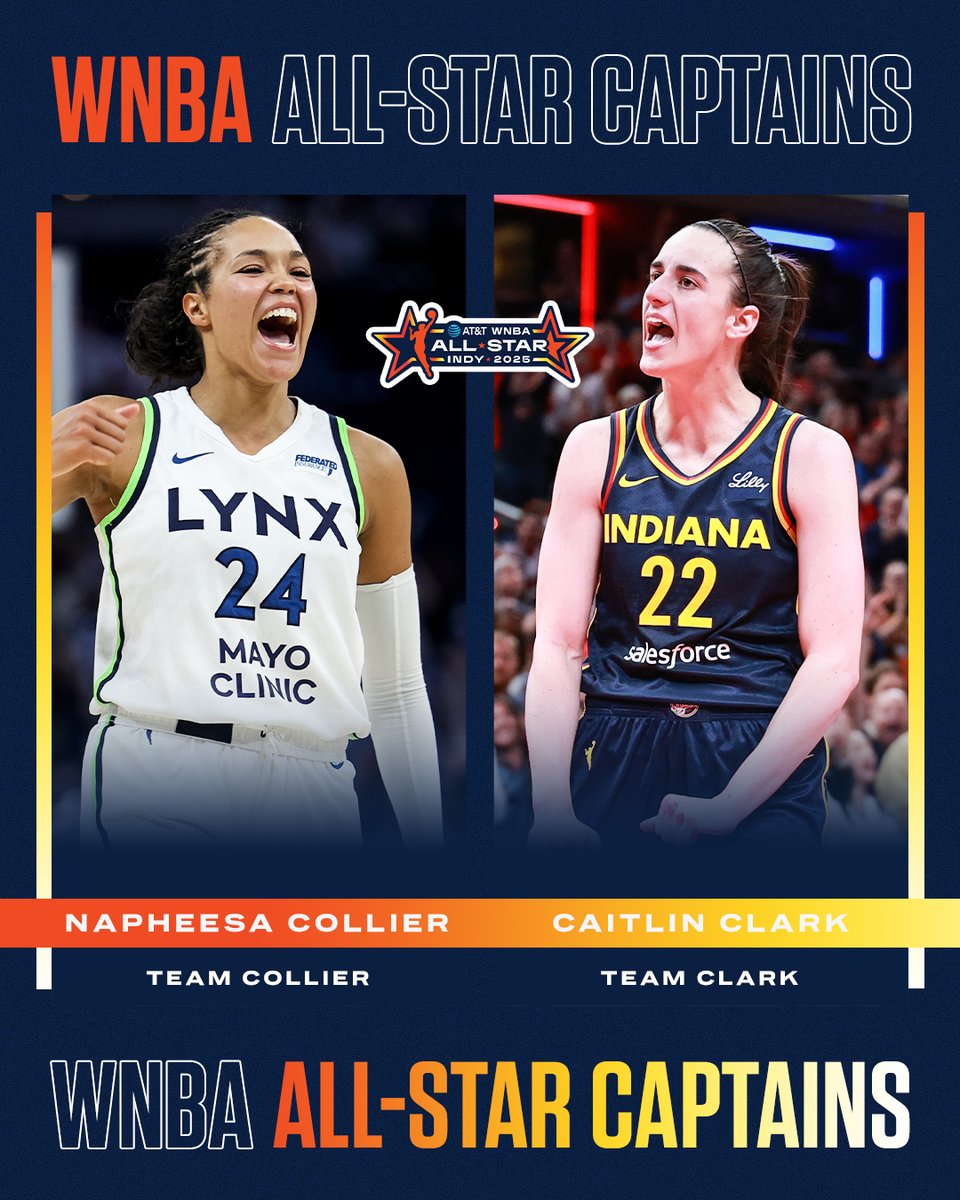 espnW's tweet photo. Napheesa Collier and Caitlin Clark are the 2025 WNBA All-Star Game captains 🤩 https://t.co/1nILyATafW