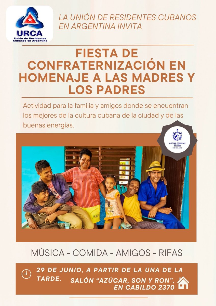 Consulado Cuba-ARG (@consulcuba_arg) on Twitter photo Con alegría y entusiasmo, y como parte de las celebraciones conjuntas de los días de la Madre y el Padre, los #cubanos en #Argentina y amigos solidarios gritaron una vez más #TumbaElBloqueo 
#JuntosPorCuba Con alegría y entusiasmo, y como parte de las celebraciones conjuntas de los días de la Madre y el Padre, los #cubanos en #Argentina y amigos solidarios gritaron una vez más #TumbaElBloqueo 
#JuntosPorCuba