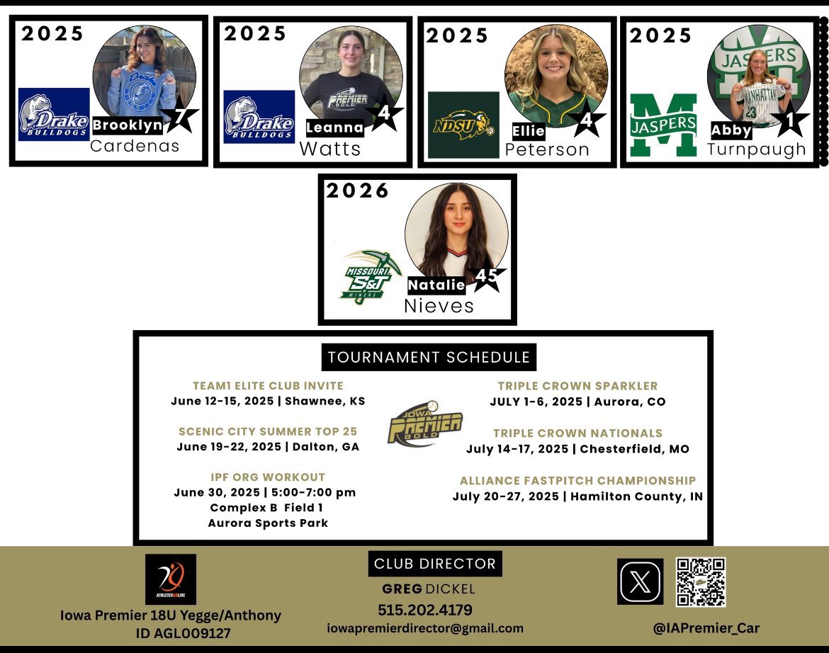 Can’t wait to play in the <a href="/TCSFastpitch/">TC Fastpitch</a> Colorado Sparkler this week! Come check out my awesome teammates! <a href="/IowaPremierFP/">Iowa Premier Fastpitch</a> <a href="/JaspersSoftball/">Manhattan University Softball</a>