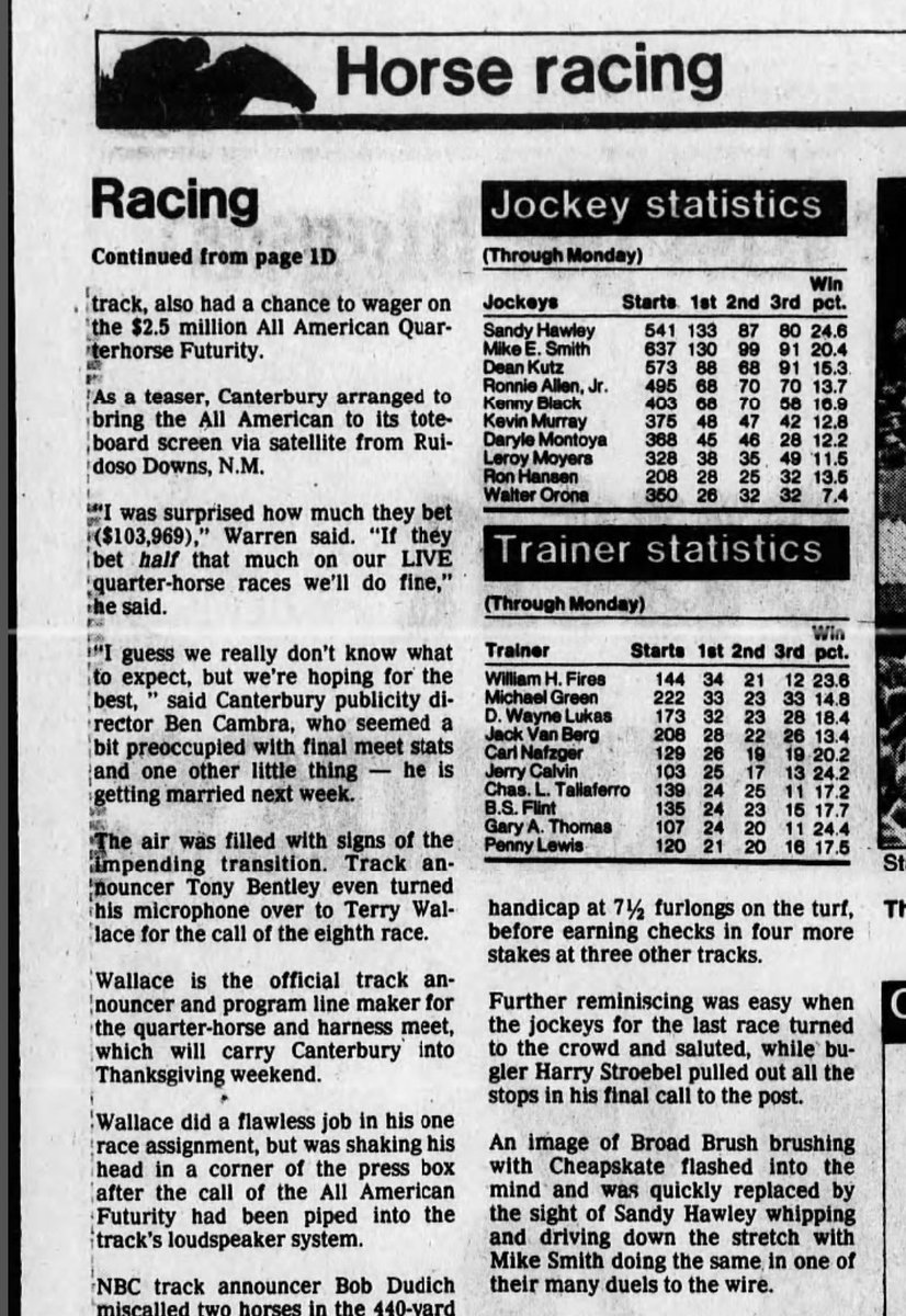 RileyGrannan's tweet image. Division of D. Wayne Lukas stable based @CanterburyPark (Downs) for 1986 season led by Randy Bradshaw. Missed top trainer by 2 wins & developed best 2yo of meeting with filly Heather Lane. Won Canterbury Juvenile in 1987 & 88 with Success Express (BC Juvenile winner) & Texian.