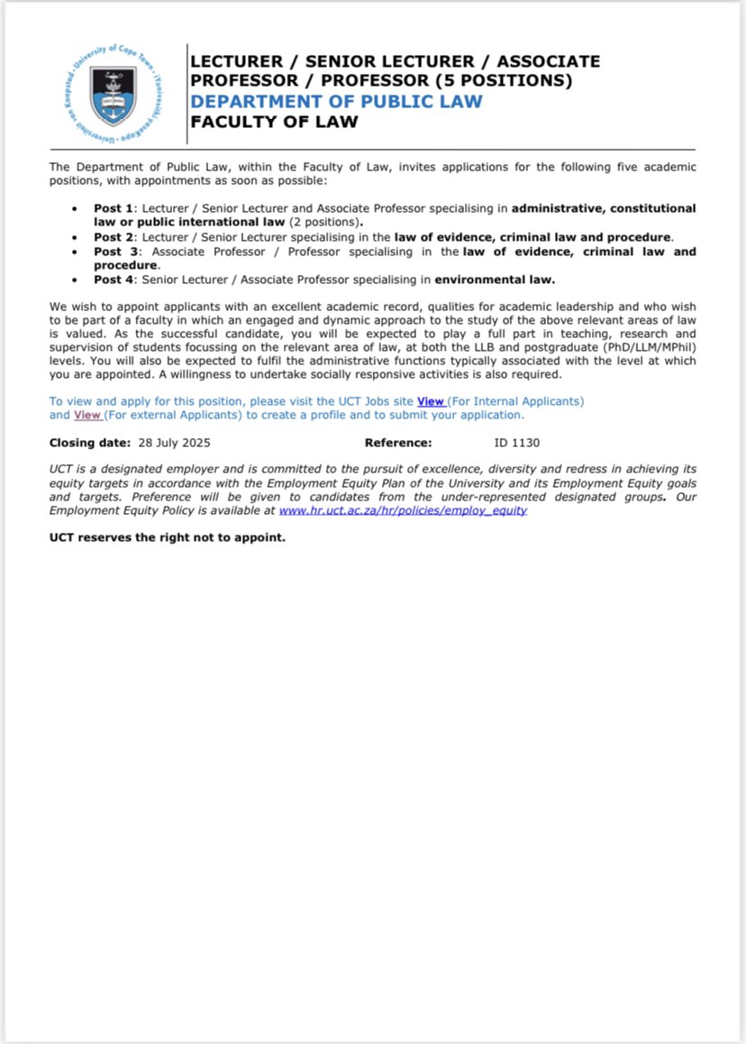We are recruiting for 5 positions in the Public Law Department at UCT, including in International Law. I am on the selection committee and would be happy to engage if you are interested. Apply!