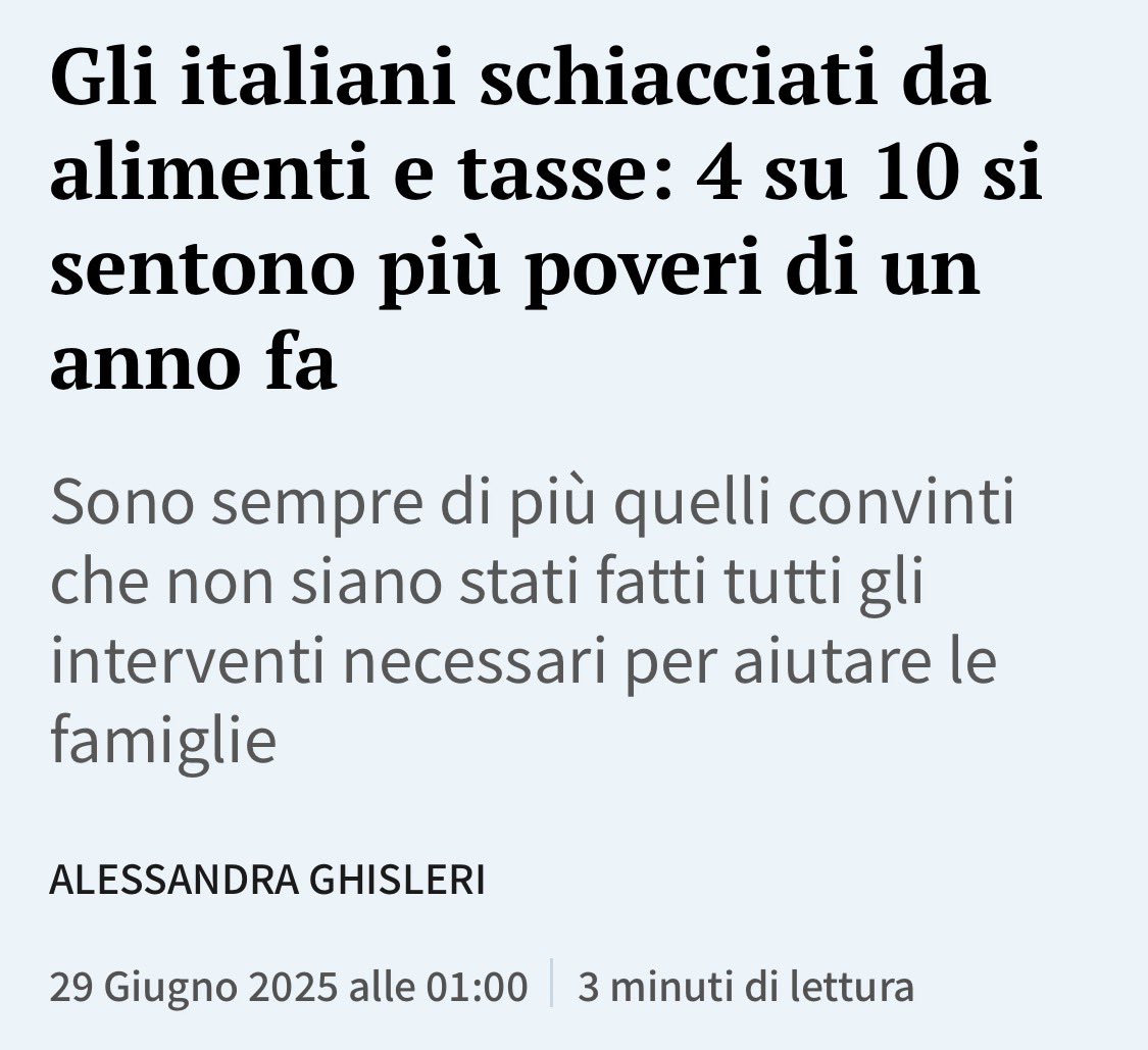 Frances99687883's tweet photo. Il 42,4% degli italiani si sente più #povero rispetto ad un anno fa; il 62% è convinto che il #governodellafuffa non abbia fatto abbastanza per aiutare le #famiglie. Il 54% ha problemi con le #spese #alimentari,il 35,1% con quelle #mediche, il 53,5% con le #tasse,il 42,9% con 1/ https://t.co/TYwe2NNZHn