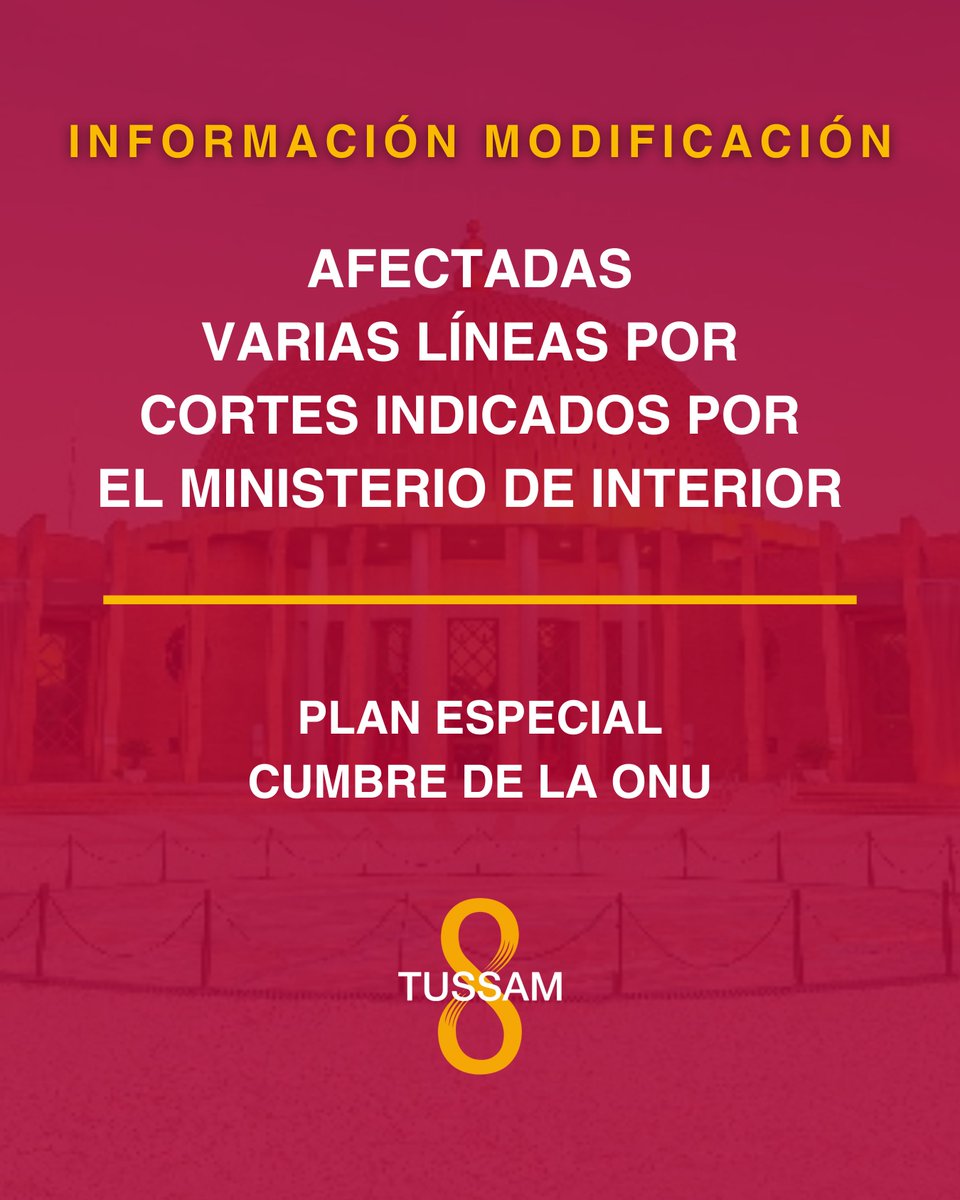 ⚠️ Por últimas indicaciones del <a href="/interiorgob/">Ministerio del Interior</a> (Gobierno de España), todos los días de la cumbre de la ONU🌐, de 7:00 a 9:30 y de 17:00 a 19:00, Kansas City y sus cruces permanecerán cortados al tráfico⛔️

🚍 Las líneas 2, 20, 28, LN y EA se verán afectadas.

Puntualmente, el lunes