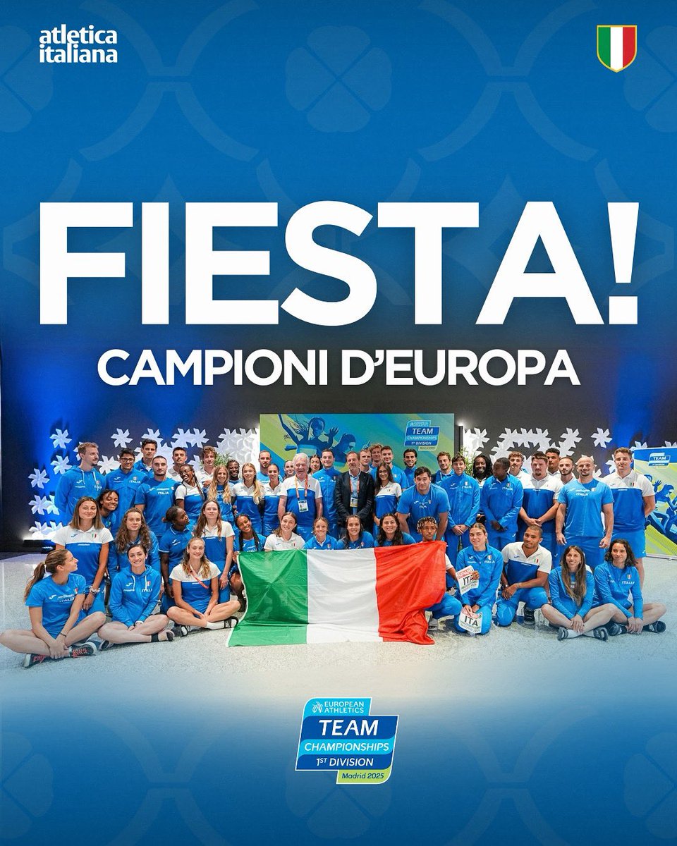 atleticaitalia's tweet image. 🏆 𝐒𝐈𝐀𝐌𝐎 𝐂𝐀𝐌𝐏𝐈𝐎𝐍𝐈 𝐃’𝐄𝐔𝐑𝐎𝐏𝐀!!!!

Fiesta a Madrid: l’Italia trionfa agli Europei a squadre, seconda ‘Coppa Europa’ della storia azzurra. Ci confermiamo campioni a due anni dalla vittoria di Chorzow!

#atleticaitaliana