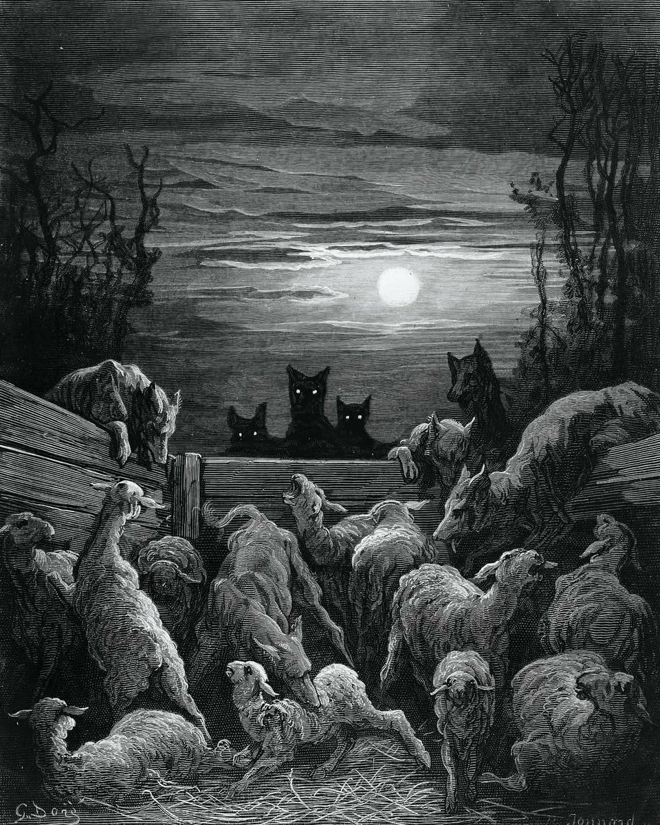 Bu resmi ilk gördüğümde aklıma Fransızların şu deyimi geldi; "Kurtlar doyduğunda, koyunlar huzur bulur..."

Gustav Dore'un 1867 yılında yaptığı 'Kurtlar ve Koyunlar' eseri bence sanat tarihinin en ürpertici resimlerinden biri. Ama insan sadece görüntüsünden dolayı ürpermiyor bu
