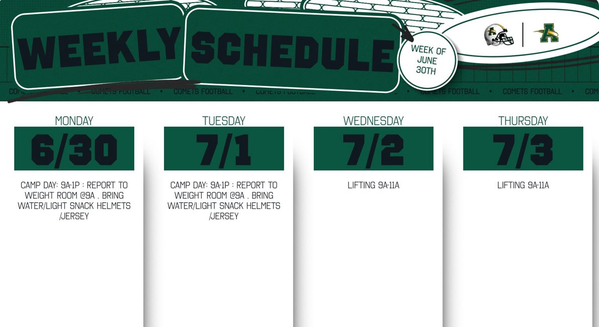 Comets Weekly Schedule! #PCE <a href="/SteeleComets/">Steele Athletics</a> <a href="/AmherstQb/">Amherst Quarterback Club</a> <a href="/CoachTThome/">Tom Thome Jr</a>