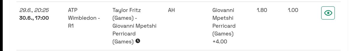 🎾 Tennis-Wettanalyse 📊

📌 Match: Taylor Fritz vs. Giovanni Mpetshi Perricard
📅 Datum &amp; Uhrzeit: 30.06.2025
🏟 Turnier: Wimbledon ATP
💰 Empfohlene Wette:Giovanni Mpetshi Perricard (Games) +4.00 Quote: 1.8

#Wimbledon2025 #ValueBets #TennisBetting #bettingtips #Wimbledon