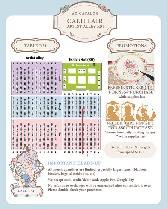 My catalog thread for #AXArtistAlley2025  !! 

Table number R31🥳 See you in 4 days!!💕

#AX2025 #AnimeExpo2025 