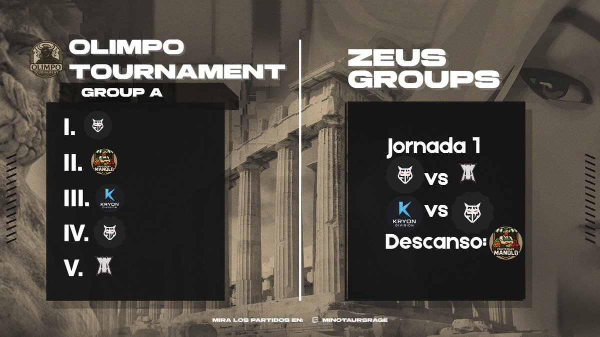 Minotaur's Rage (@minotaurs_rage) on Twitter photo "¡Arranca la batalla de titanes! La primera jornada del Olimpo Tournament da inicio con fuerza, pasión y espíritu competitivo. ¡Que comience la leyenda!"
<a href="/SWolvesesports/">Stray Wolves 🐺</a>" B" vs <a href="/eSportsVAY/">VAY eSports</a>
Kyron Division vs <a href="/SWolvesesports/">Stray Wolves 🐺</a> "A"
Descanso para Fruterias Manolo "¡Arranca la batalla de titanes! La primera jornada del Olimpo Tournament da inicio con fuerza, pasión y espíritu competitivo. ¡Que comience la leyenda!"
<a href="/SWolvesesports/">Stray Wolves 🐺</a>" B" vs <a href="/eSportsVAY/">VAY eSports</a>
Kyron Division vs <a href="/SWolvesesports/">Stray Wolves 🐺</a> "A"
Descanso para Fruterias Manolo