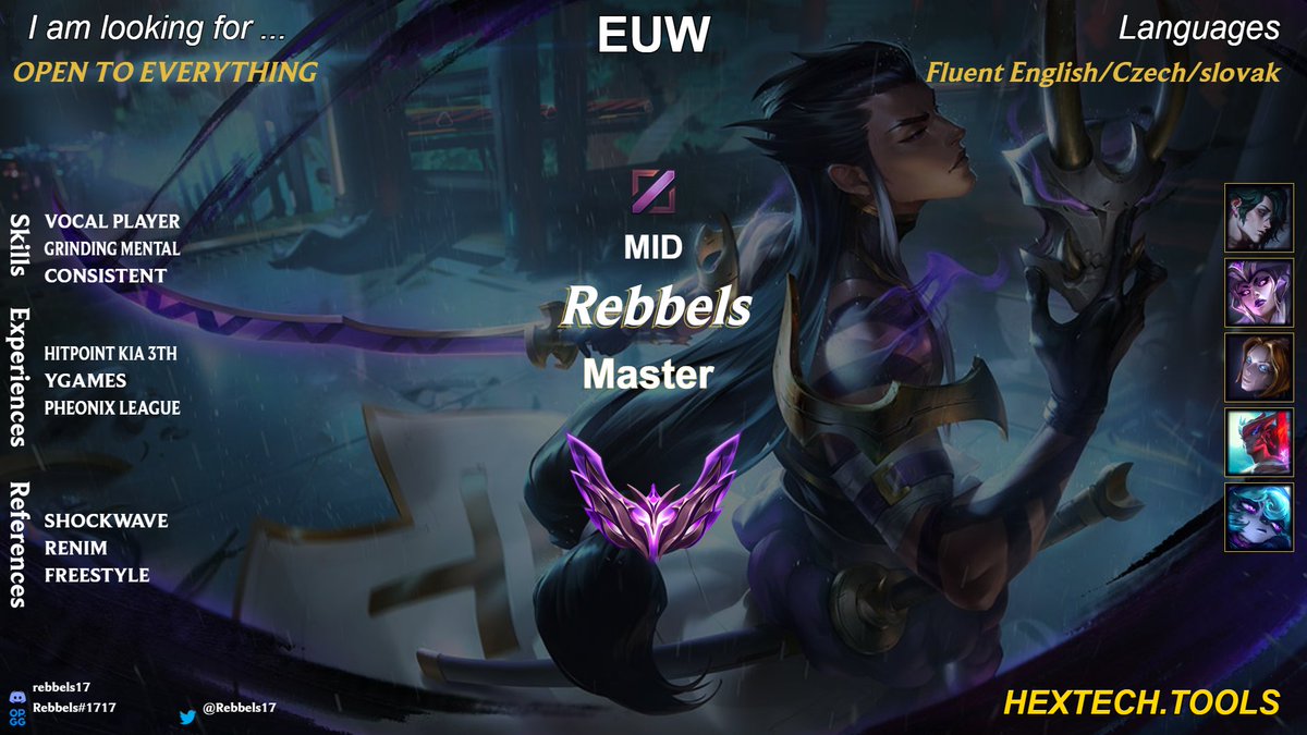Rebbels (@rebbels17) on Twitter photo Hello everyone,
After 3th div with <a href="/ERKOEsports/">ERKO Esports</a>
I am LFT and looking for offers for the upcoming split. You can contact me through my DM's or DISCORD
Thanks for all retweets <3
discord: rebbels17 Hello everyone,
After 3th div with <a href="/ERKOEsports/">ERKO Esports</a>
I am LFT and looking for offers for the upcoming split. You can contact me through my DM's or DISCORD
Thanks for all retweets <3
discord: rebbels17