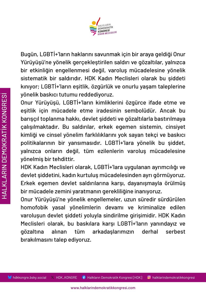 HDKKadin's tweet image. HDK Kadın Meclisleri olarak, baskılara karşı LGBTİ+’ların yanındayız ve gözaltına alınan tüm arkadaşlarımızın derhal serbest bırakılmasını talep ediyoruz.
#Pride2025
#YaşamdaIsrar
