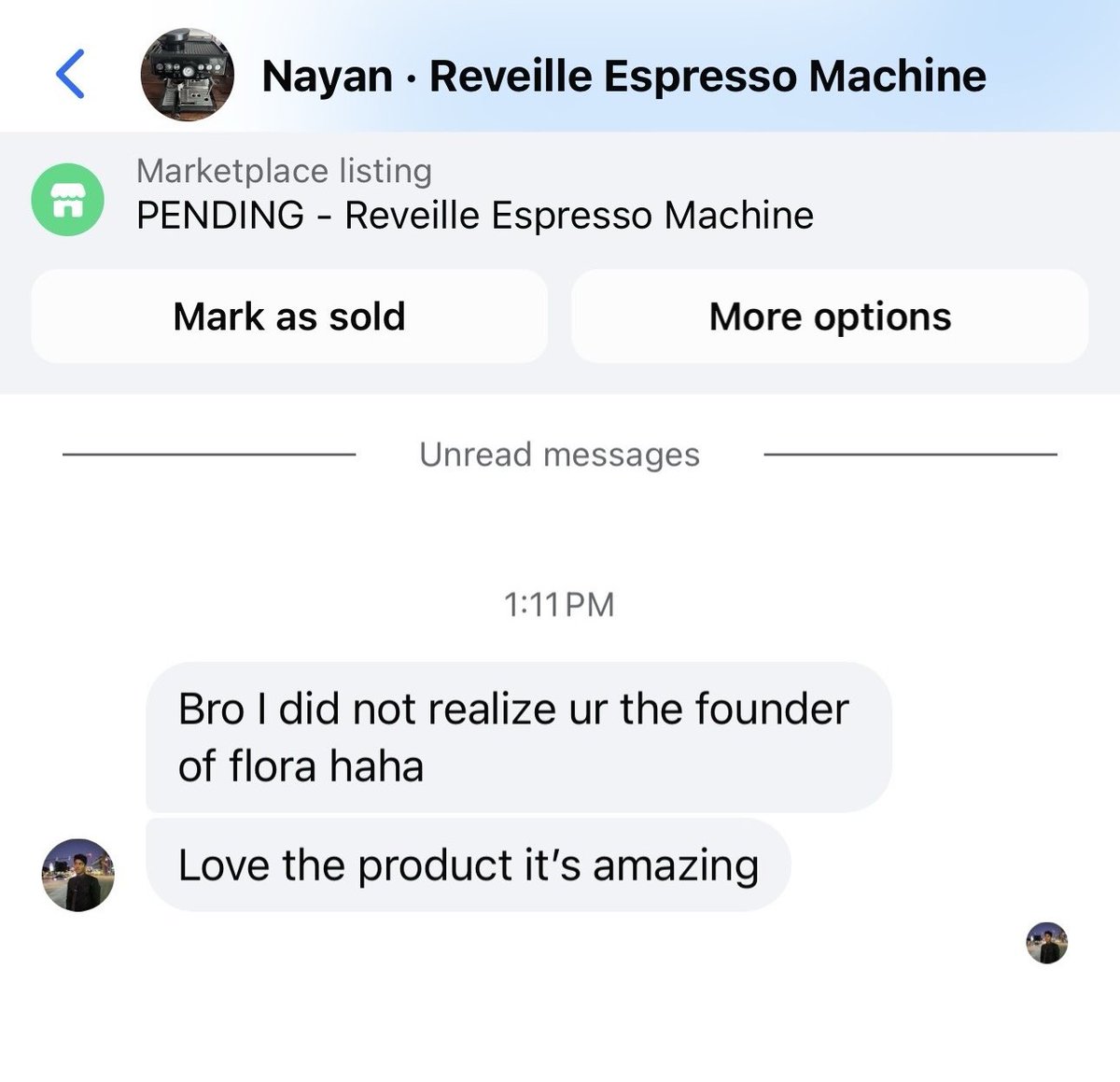 weberwongwong's tweet image. FLORA customer love on Facebook Marketplace
I gave him a good deal on my espresso machine