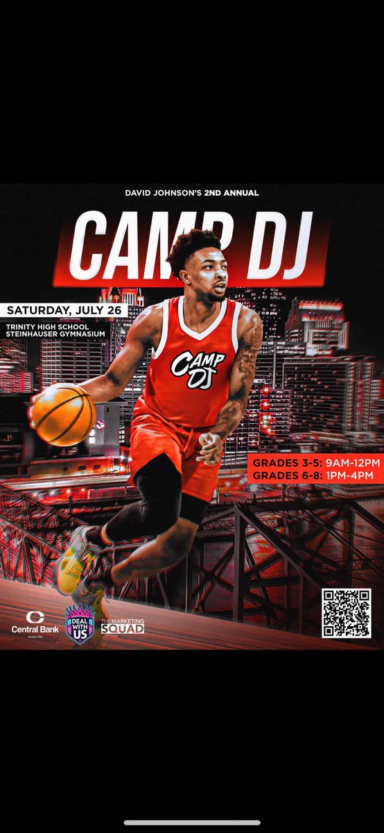 Rock Nation! Camp DJ is back! Former Trinity star David Johnson is hosting his 2nd annual camp! ☘️🏀

📅 Saturday, July 26th at
📍Trinity High School

🕘 Grades 3–5: 9AM–12PM
🕐 Grades 6–8: 1PM–4PM

Scan the QR code or visit the website below to sign up!

eventbrite.com/e/camp-dj-2025…