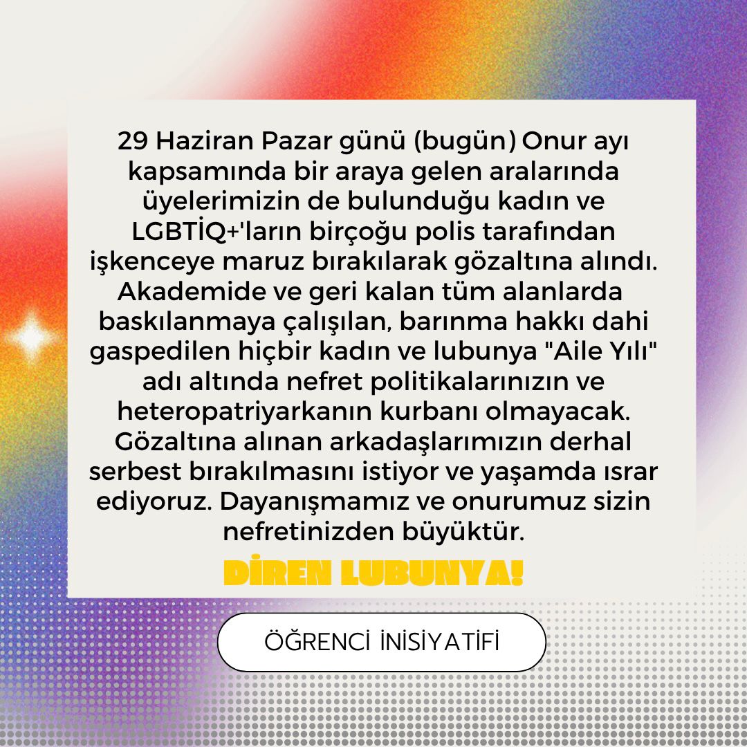 OgrenciIletisim's tweet photo. Onur Yürüyüşü Yasaklanamaz! 🏳️‍🌈
Yürümek de varolmak da anayasal hakkımız!
Dayanışmamız Ve Onurumuz Sizin Nefretinizden Büyüktür!
#Pride2025 https://t.co/F1PZDP7qOF
