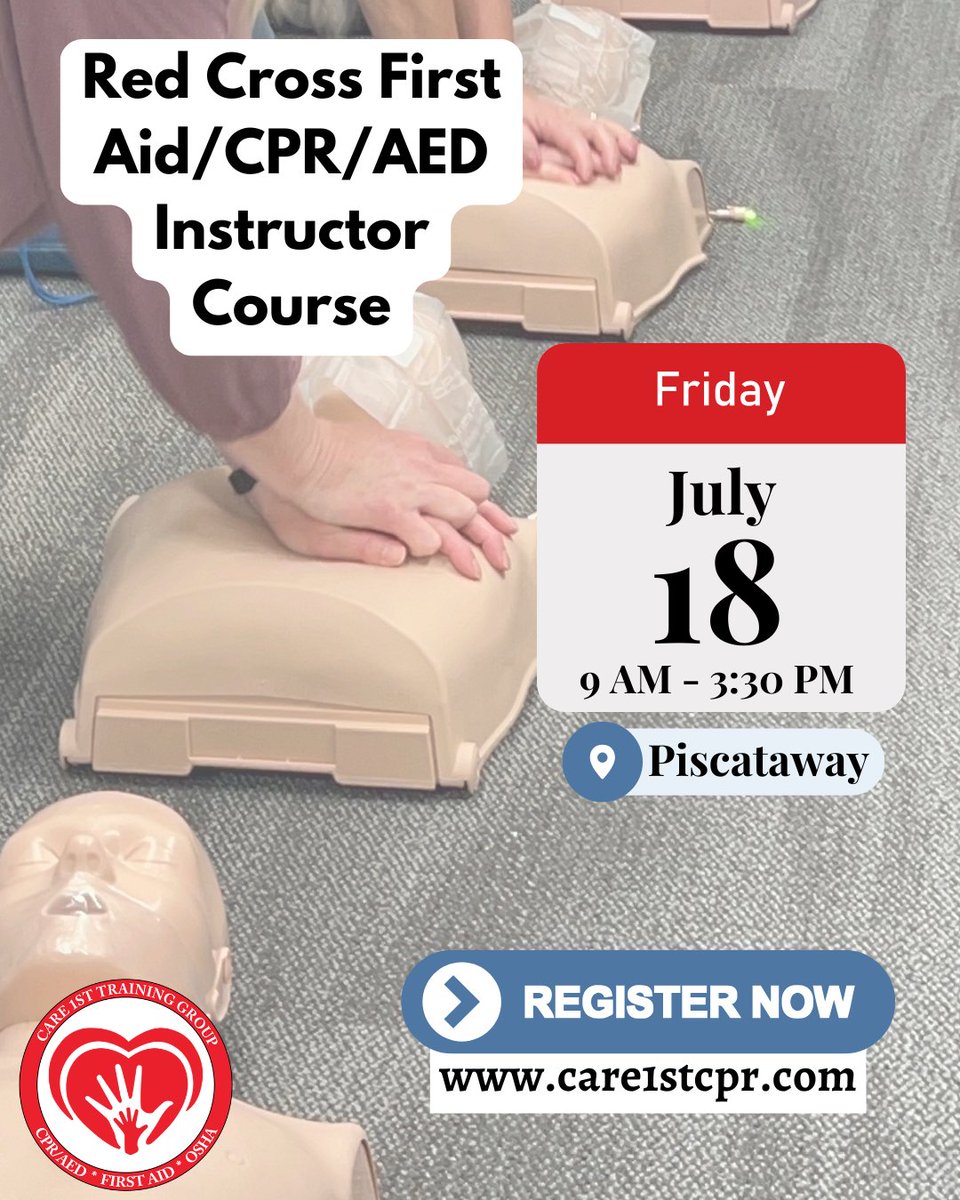 Care1stCPR's tweet image. 🚨 Ready to lead &amp;amp; save lives? Become a certified Red Cross First Aid/CPR/AED Instructor! 🩹🫀 Join us Friday, July 18th at 9 AM in Piscataway! 💪 #Care1stCPR #Care1stTrainingGroup #CPRInstructor #RedCrossCertified #TrainToSave #LeadershipInAction