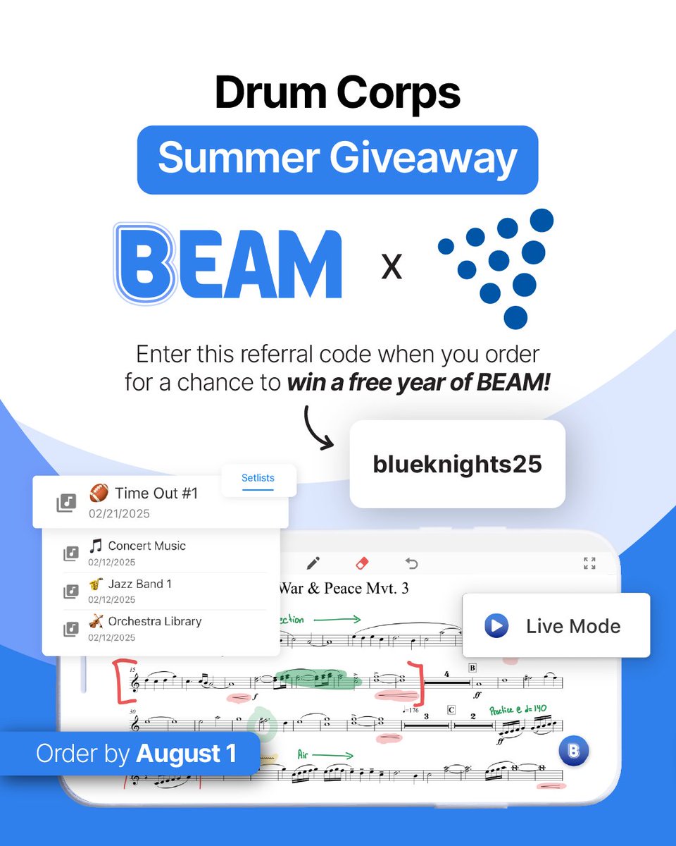 Drum Corps Summer Giveaway is LIVE!
 We’ve teamed up with @beammusic.app to give 1 lucky winner their Beam subscription FREE this season!
To enter:
-Order Beam before August 1st
-Use code blueknights25 in the referral section
-You’re entered for a chance to win your money back!