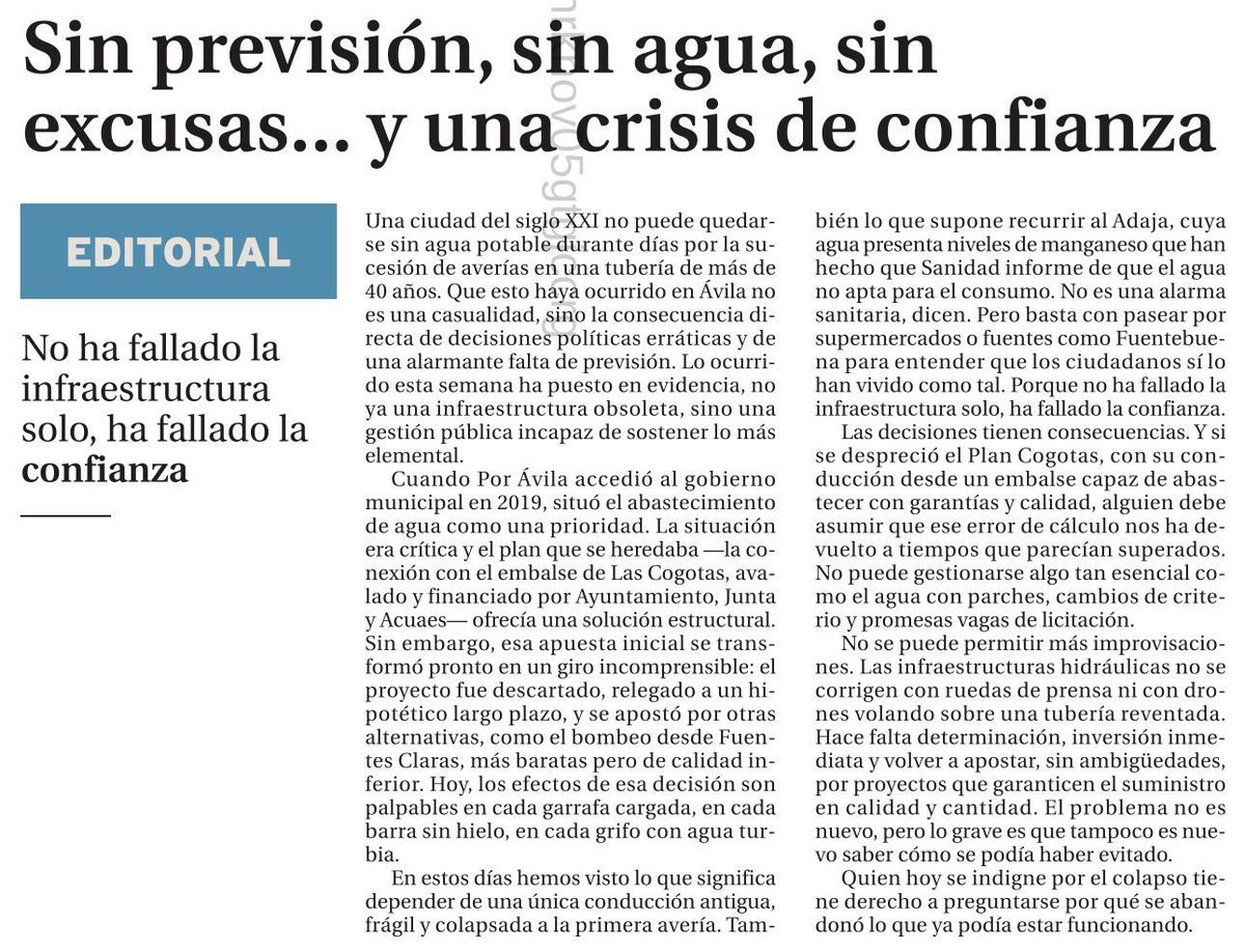 Un editorial que describe el clamor de la ciudad de #Ávila.

Una crisis que culmina una forma de gestionar cortoplacista, revanchista y siempre más atenta al cálculo personal y político que al interés general.

Se dejó pasar el Plan Cogotas. Punto.

Ávila no se merece esto.