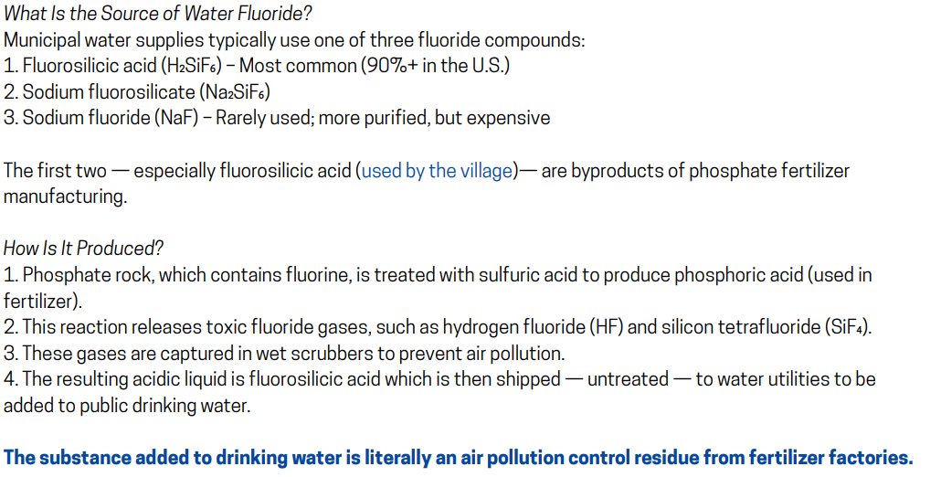 Village Trustee writes: Here's how fluoridation chemicals are produced. 1) Phosphate rock, which contains fluorine, is treated with sulfuric acid to produce phosphoric acid (used in fertilizer)
2) This reaction releases toxic fluoride gases, such as hydrogen fluoride (HF) and