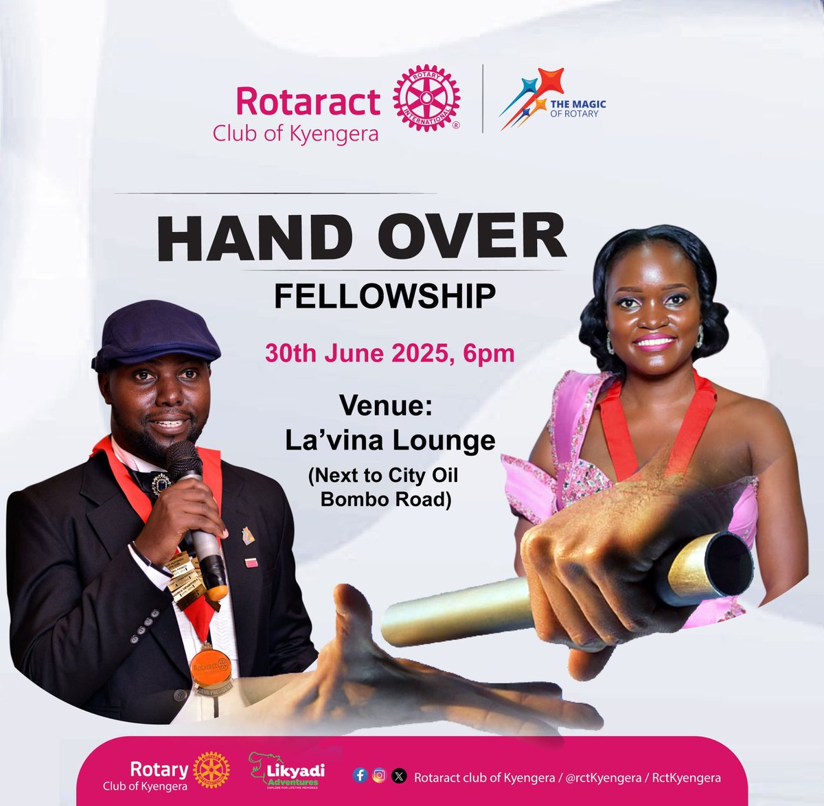 RctKyengera's tweet photo. Leadership transitions, new beginnings! 🎉
Join us for the Rotaract Kyengera Hand Over Fellowship on 30th June 2025, 6PM at La'vina Lounge.

#RotaractKyengera #Leadership #TheMagicOfRotary https://t.co/Hf5i5WYoDt